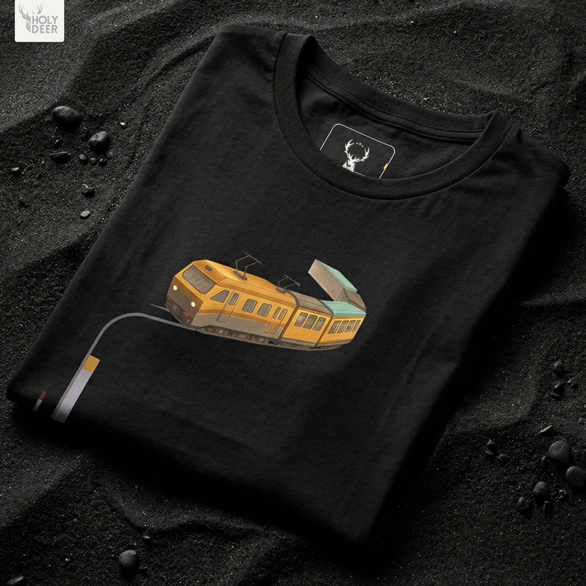 Soft fluorescent station ray shadow studio backdrop framing the unique Subway Tee by Holydeer Streetwear, magnifying the clean centered futuristic minimal abstract train tshirt placement and premium city transport tee presentation.