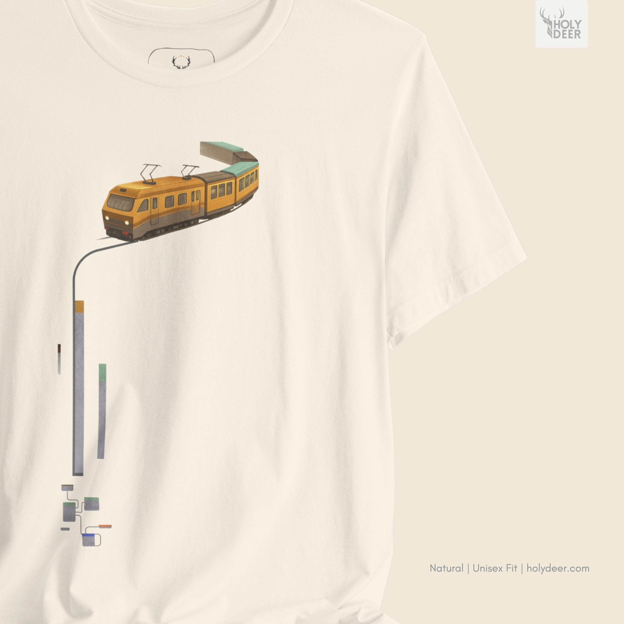 Professional flat lay photography of the Subway Tee by Holydeer Apparel, arranged cleanly next to retro brass subway tokens, technical transit blueprint rolls, and premium train gift tee accessories.