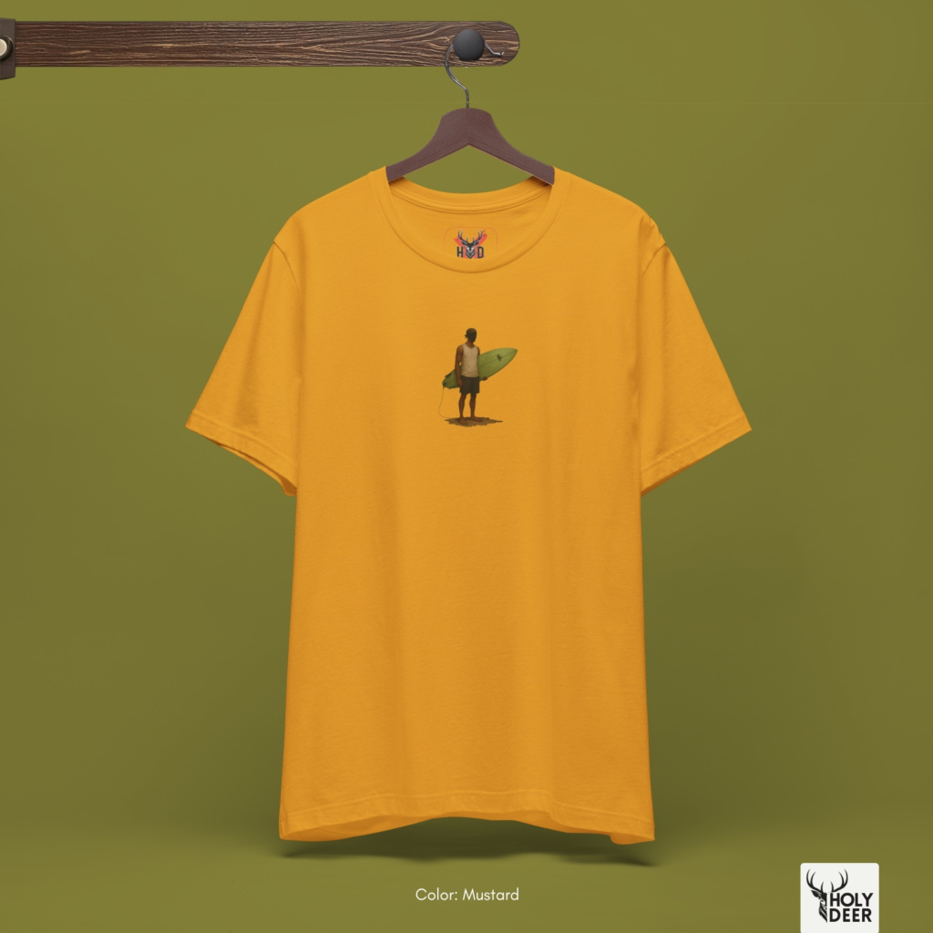Angled perspective of the premium screen-printed Retro Surfer Shirt, detailing the thick paint feel of the tiny surfer silhouette and vintage beach wear lines, asymmetric chest placement, and the signature holydeer tee high-contrast design.