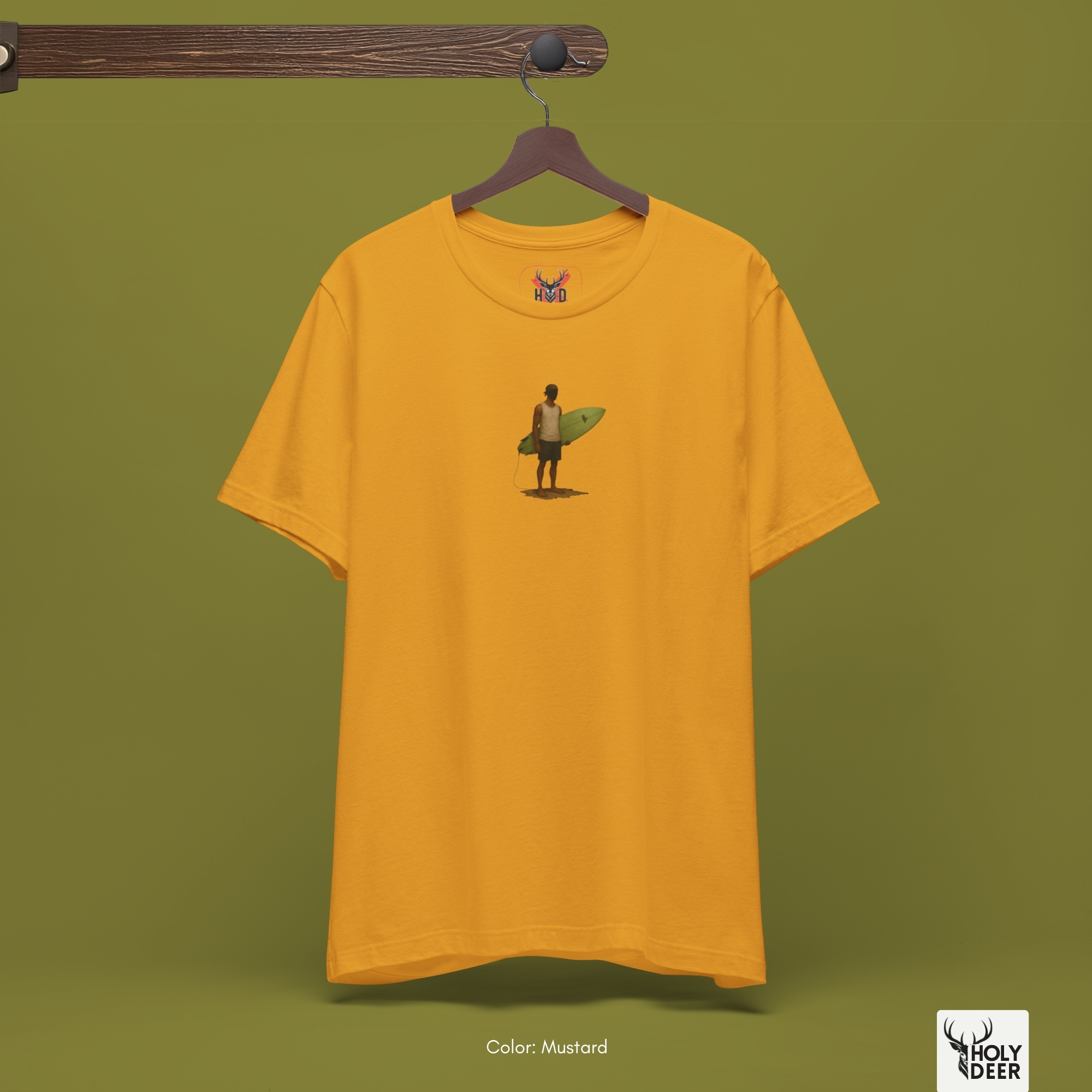 Angled perspective of the premium screen-printed Retro Surfer Shirt, detailing the thick paint feel of the tiny surfer silhouette and vintage beach wear lines, asymmetric chest placement, and the signature holydeer tee high-contrast design.