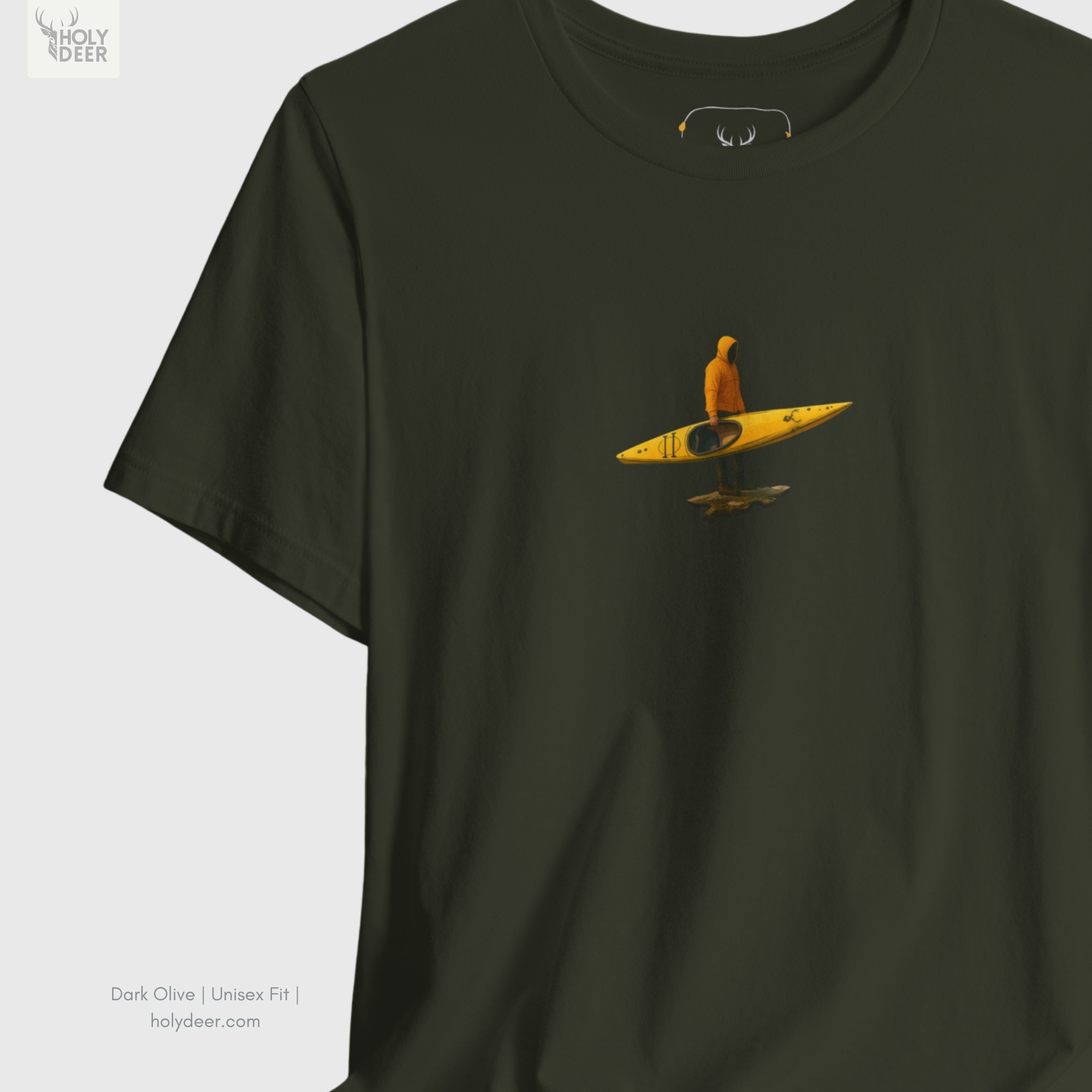 The iconic River Adventure Tee hanging cleanly on a luxury wood hanger, highlighting the robust neckline structure, crisp centered graphic flow, and the official holydeer.com retail tags.