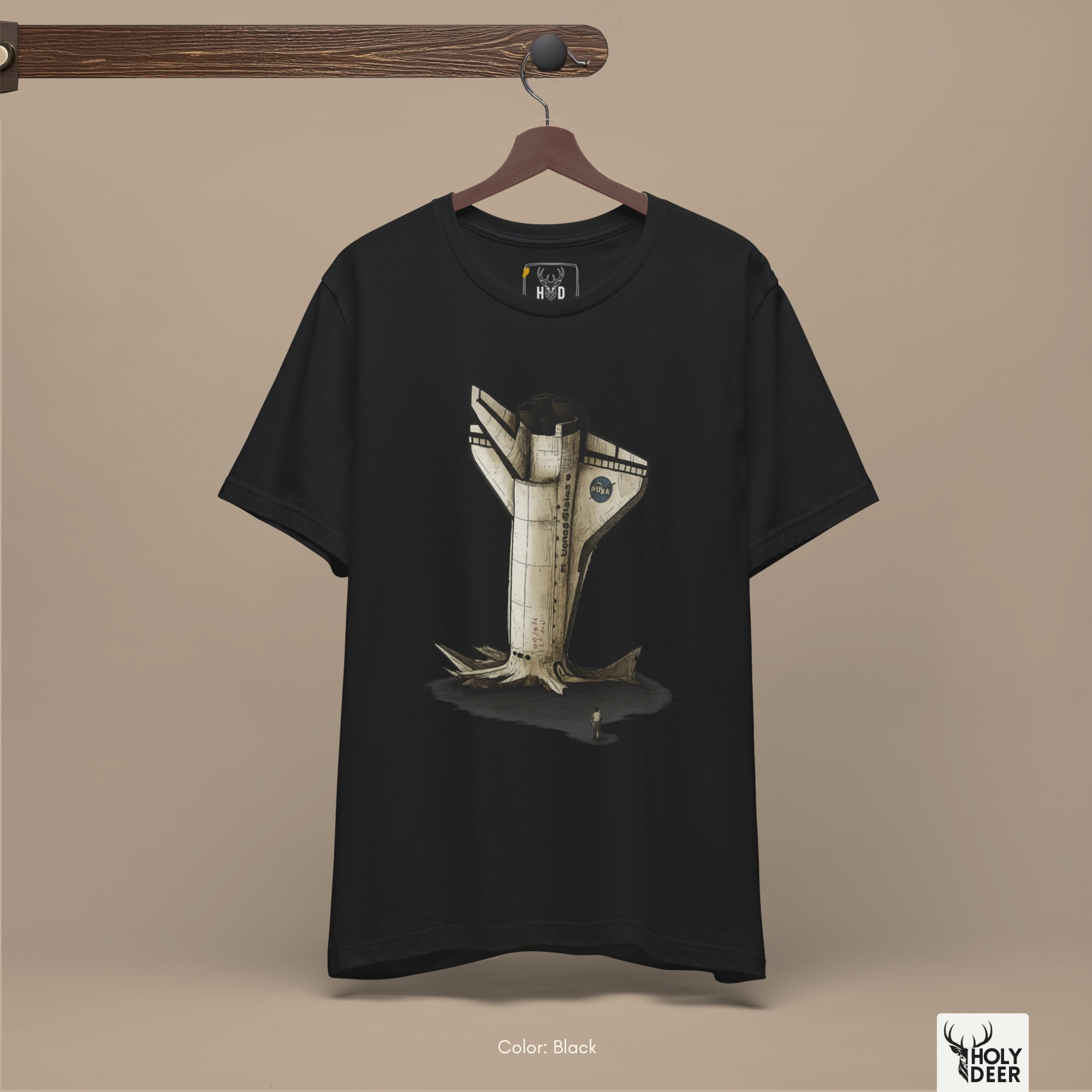 Brutalist desert outpost concrete architecture outdoor lifestyle model wearing the centered Rocket Crash Tee from Holydeer Clothing, standing as a high-end future space tee statement matching elite galaxy tee trends.