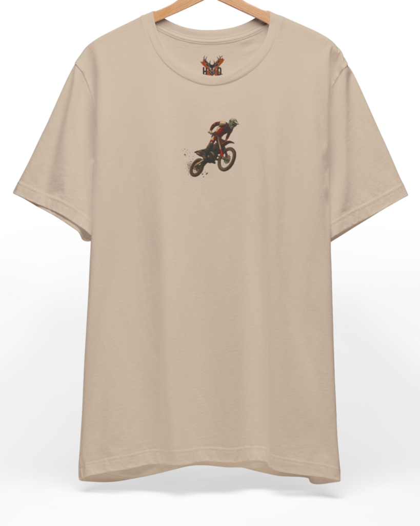 Premium Motocross Shirt displaying a high-detail enduro graphic top layout and minimalist sand tee concept on a vintage beige top canvas, designed by Holydeer Clothing.