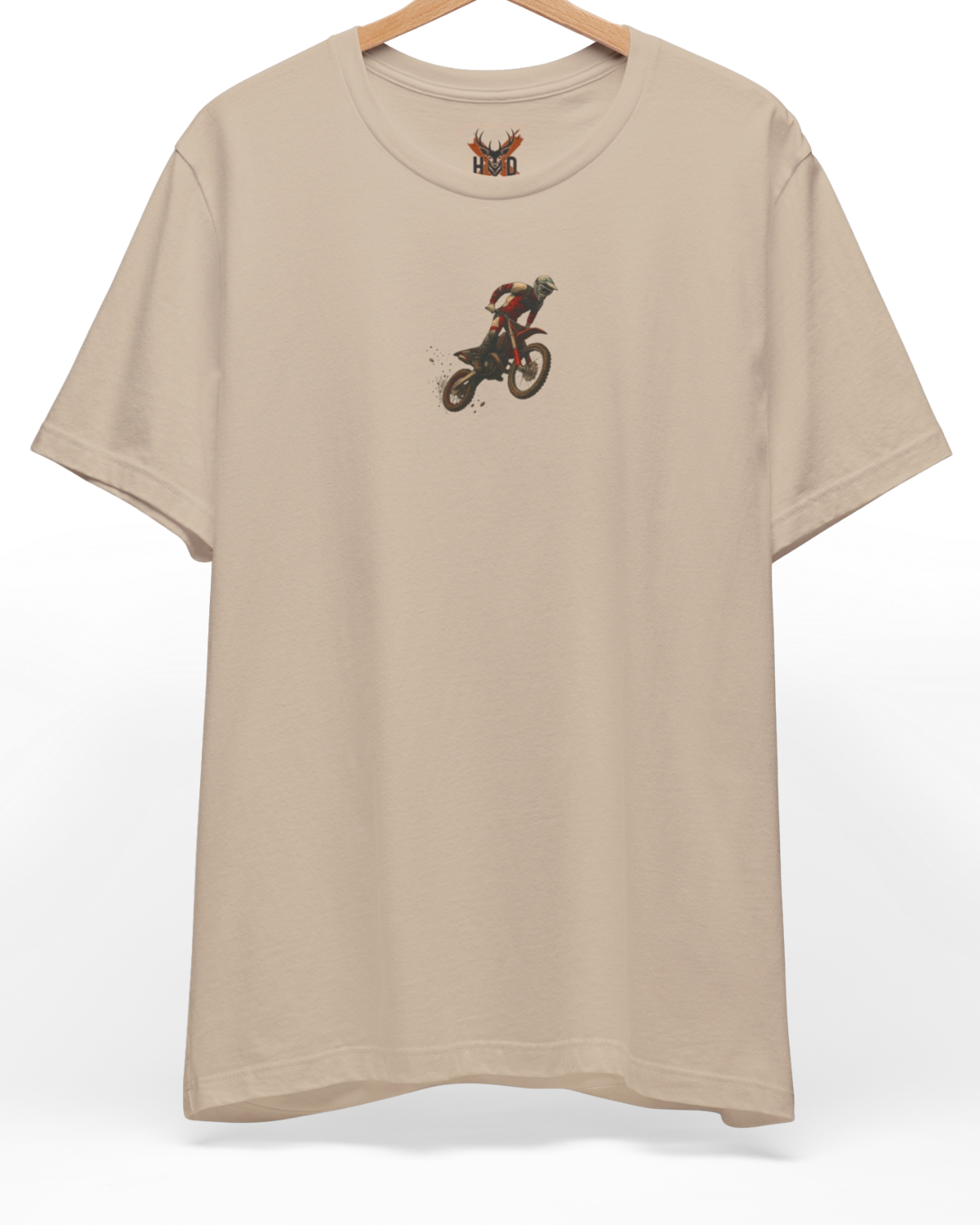 Premium Motocross Shirt displaying a high-detail enduro graphic top layout and minimalist sand tee concept on a vintage beige top canvas, designed by Holydeer Clothing.