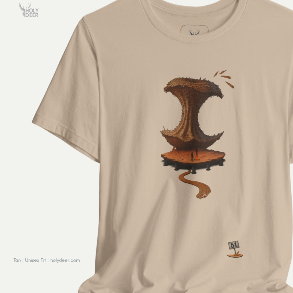 Modern brutalist desert architecture outdoor lifestyle model wearing the centered Area 51 Tshirt from Holydeer Clothing, standing as a high-end desert base tee statement matching elite future collapse tee trends.