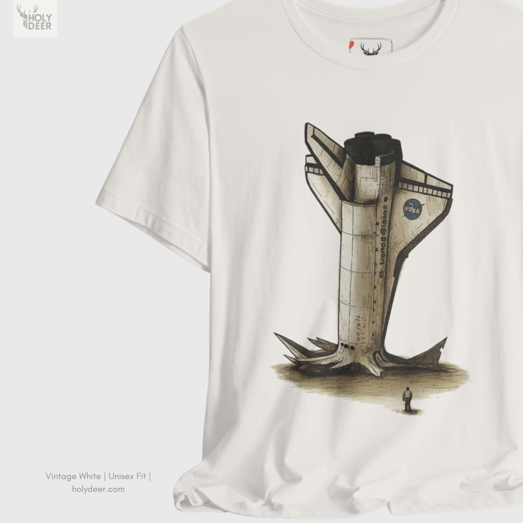Soft amber shadow studio backdrop framing the unique Rocket Crash Tee by Holydeer Streetwear, magnifying the clean centered space rocket crash tshirt placement and premium space lover tee presentation.