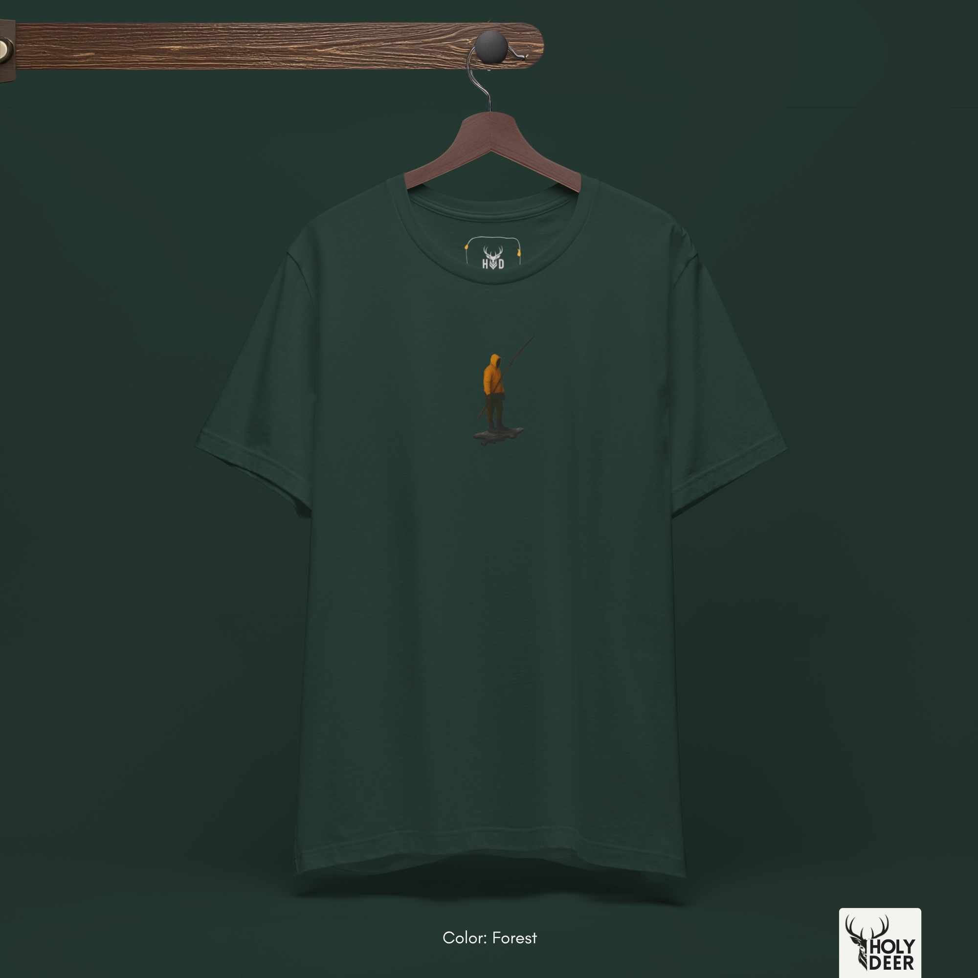Minimalist dark backdrop focusing heavily on the standalone frame of the Minimalist Fish Tee by Holydeer, proving it acts as a unique wearable art piece and an essential outdoor hobby top collectible.