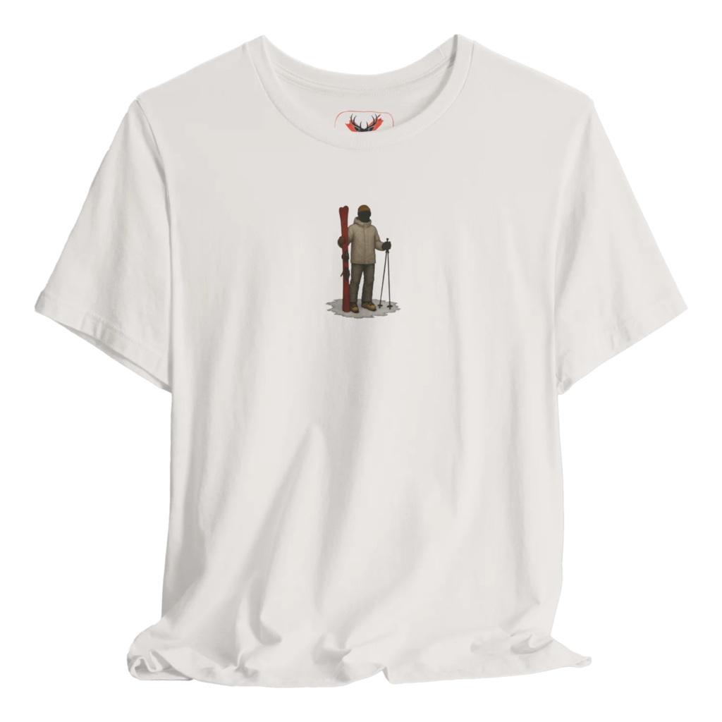 Skiing graphic T-shirt designed for outdoor enthusiasts, perfect for winter sports lovers. This comfortable ski tee offers stylish snow sports fashion that showcases passion for skiing. Ideal for après-ski activities and casual winter outings.