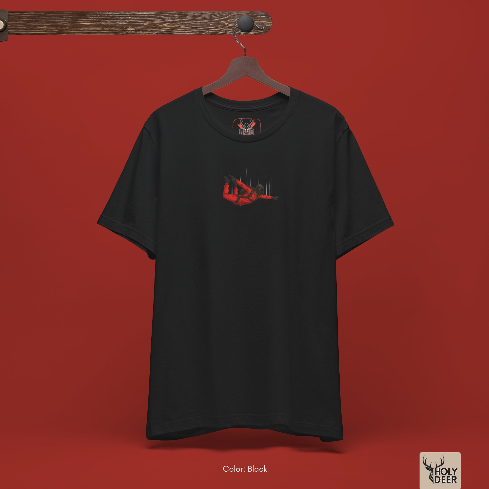 Minimalist dark backdrop focusing heavily on the standalone frame of the Skydiving Shirt by Holydeer, proving it acts as a unique wearable art piece and an essential parachute graphic collectible.
