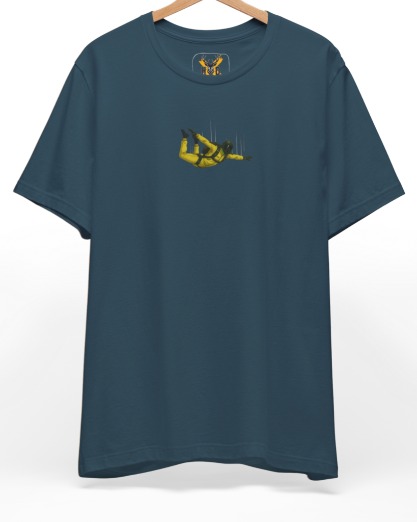 Premium Skydiving Shirt displaying a high-detail freefall art shirt parachute graphic and urban streetwear concept on a white cotton canvas, designed by Holydeer Clothing.