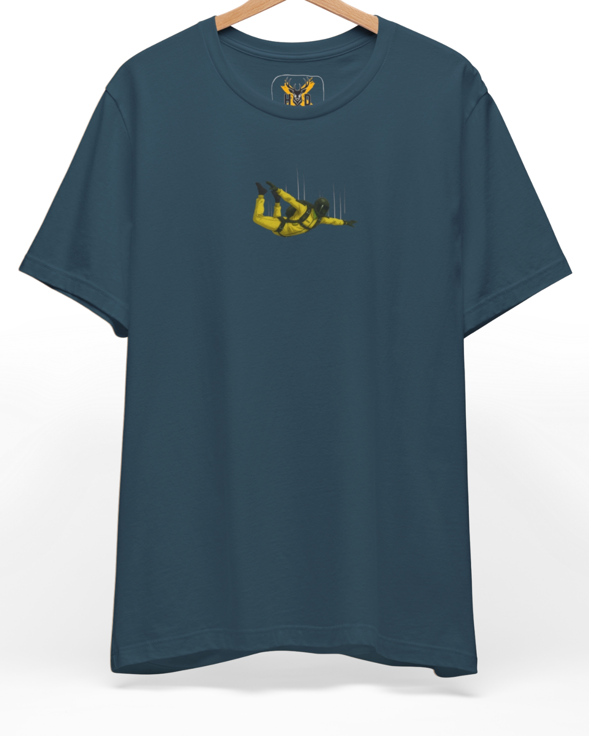 Premium Skydiving Shirt displaying a high-detail freefall art shirt parachute graphic and urban streetwear concept on a white cotton canvas, designed by Holydeer Clothing.