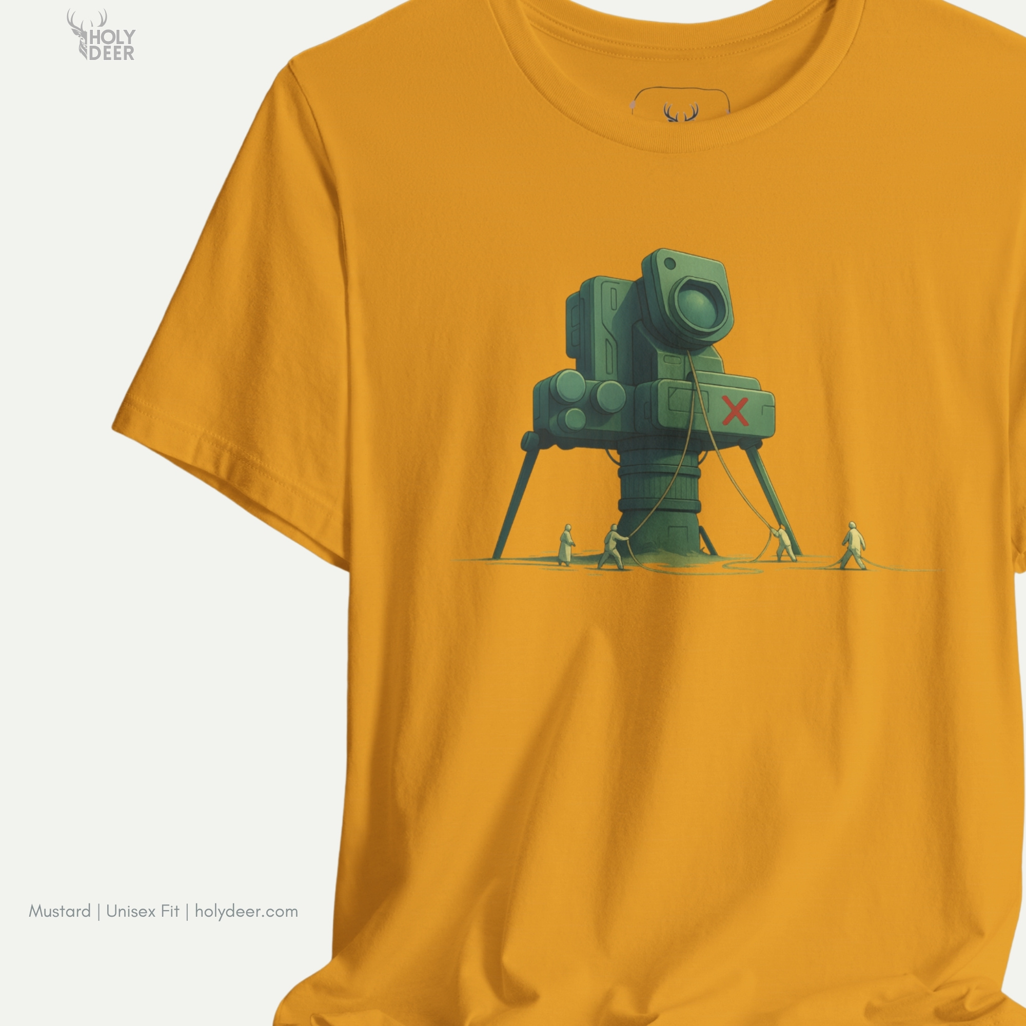 Minimalist dark backdrop focusing heavily on the standalone frame of the Creative Photo Tee by Holydeer, proving it acts as a unique wearable art piece and an essential vintage sci fi tee collectible.