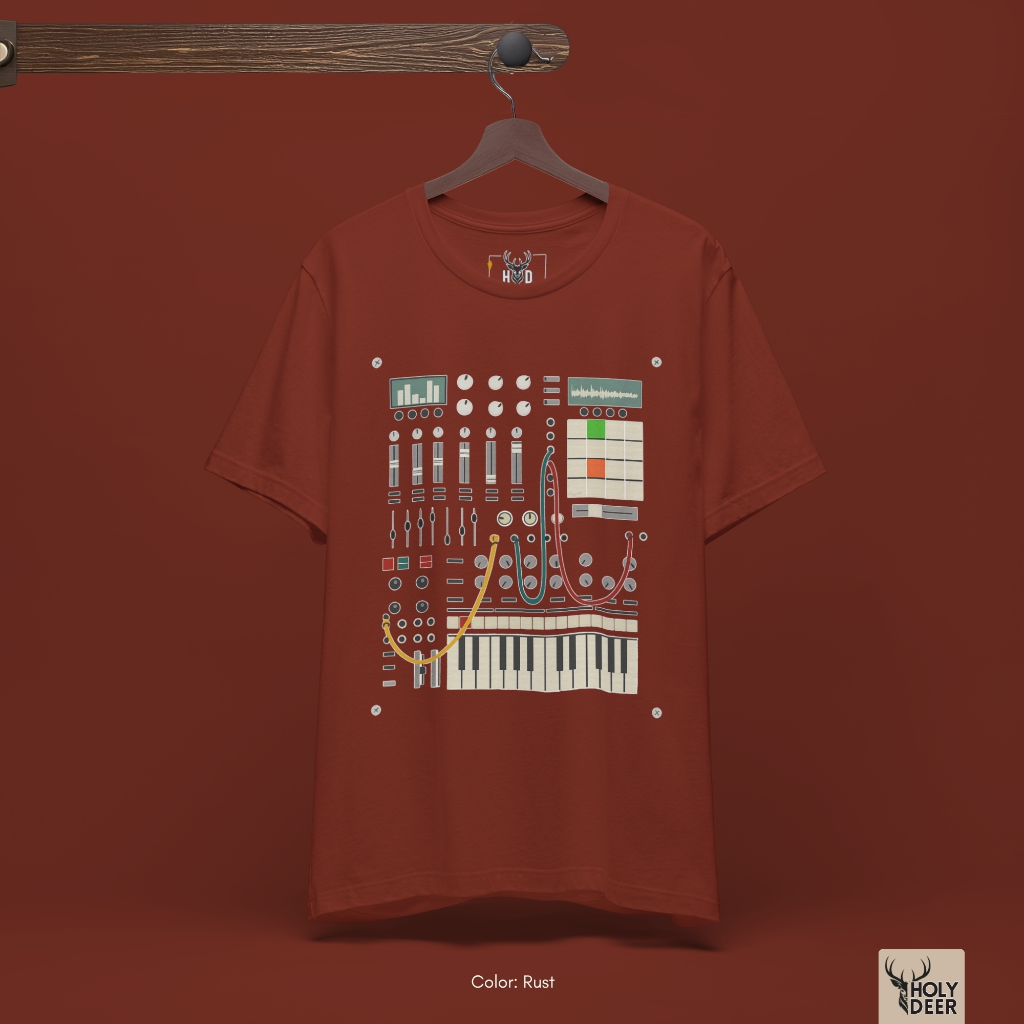 The iconic Modular Synth Tee hanging cleanly on a luxury wood hanger, highlighting the robust neckline structure, crisp centered modular interface flow, and the official holydeer.com retail tags.