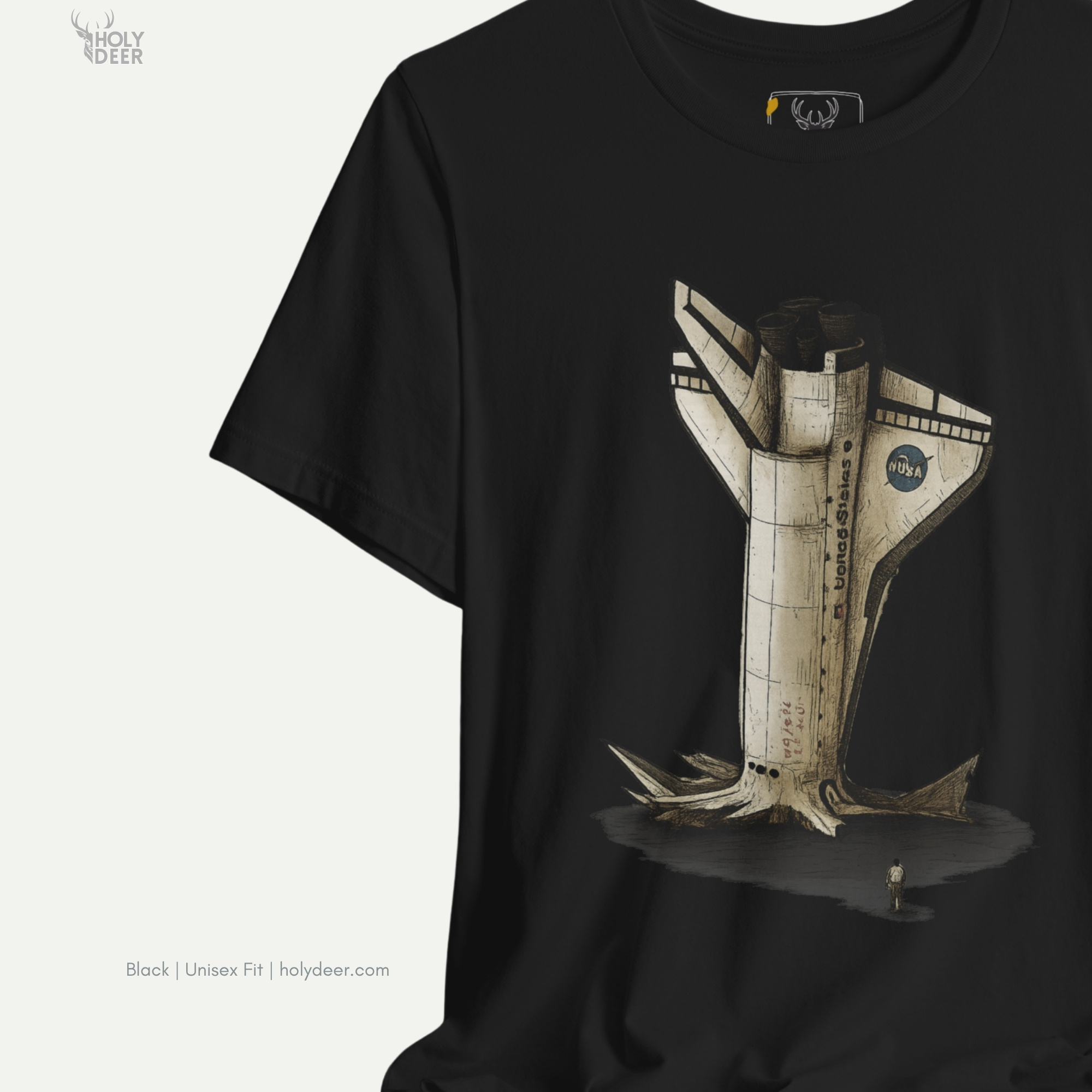 Professional flat lay photography of the Rocket Crash Tee by Holydeer Apparel, arranged cleanly next to retro solar system charts, old mission logbooks, and premium future space tee items.