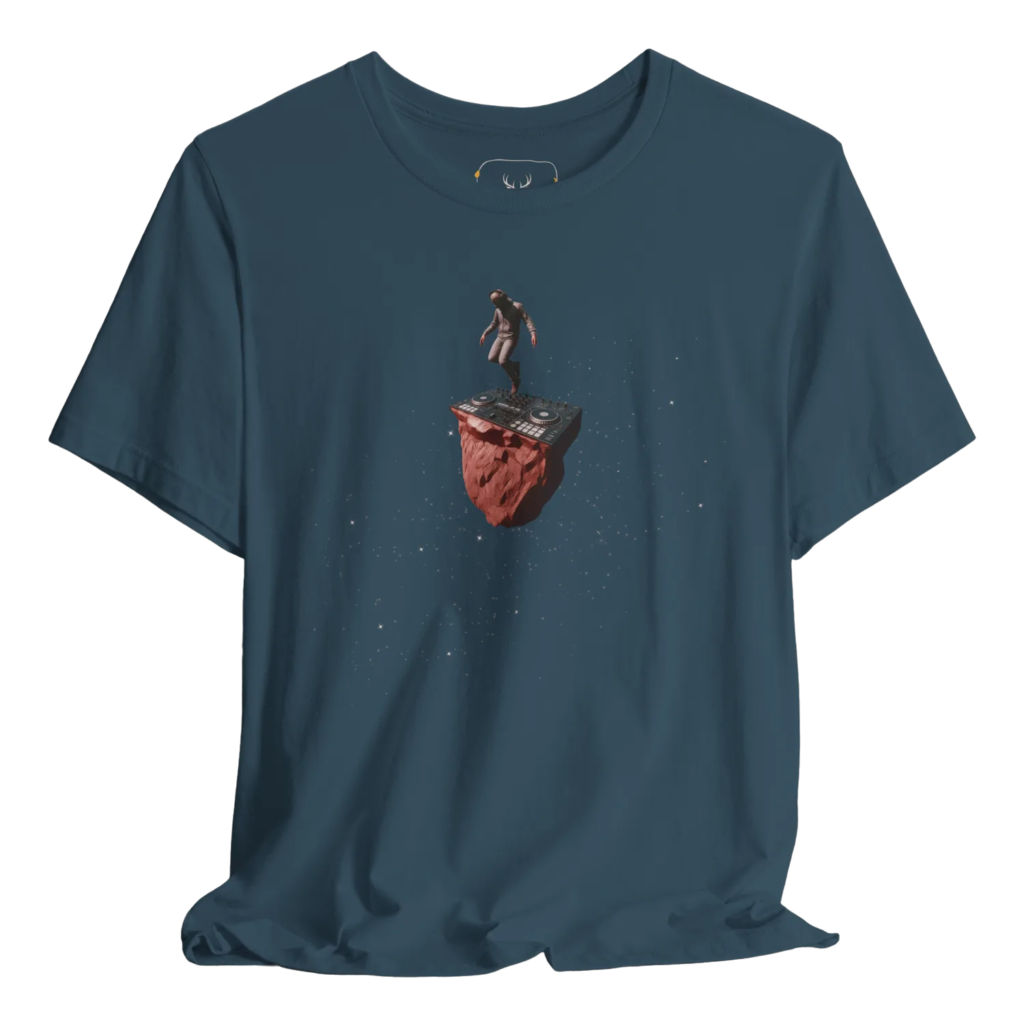 Blue t shirt featuring a surreal space DJ scene with a DJ performing on floating decks in outer space, surrounded by stars. Perfect for EDM fans, electronic music lovers, techno DJs, house DJs, festival performers, music producers and rave culture enthusiasts who enjoy unique DJ streetwear, club fashion and music festival apparel.