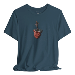 Blue t shirt featuring a surreal space DJ scene with a DJ performing on floating decks in outer space, surrounded by stars. Perfect for EDM fans, electronic music lovers, techno DJs, house DJs, festival performers, music producers and rave culture enthusiasts who enjoy unique DJ streetwear, club fashion and music festival apparel.