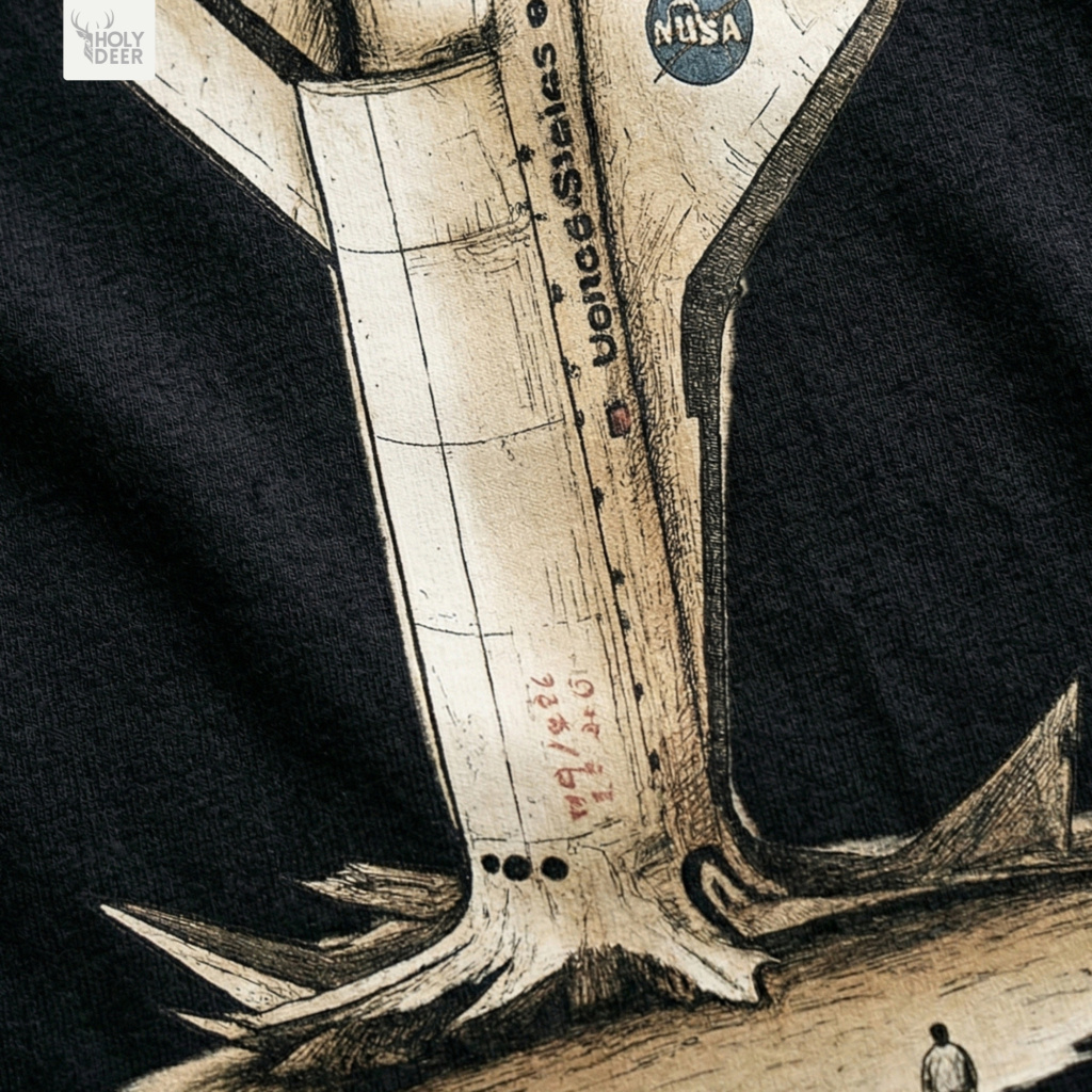 Macro view of the Rocket Crash Tee print showcasing intricate line shading on the distorted NUSA emblem, crumpled booster nozzles, and fine space exploration failure concept lines crafted exclusively by Holydeer Streetwear.