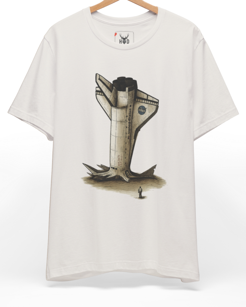 Premium Rocket Crash Tee displaying a high-detail space rocket crash tshirt illustration and futuristic nasa style concept on a vintage white shirt layout, designed by Holydeer Clothing.