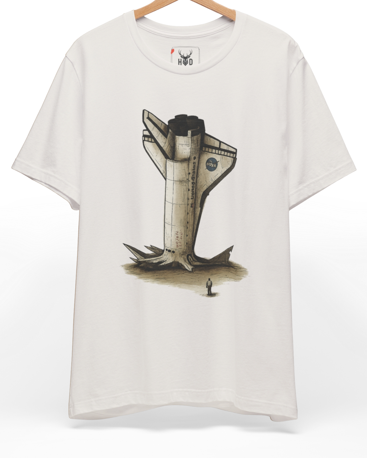 Premium Rocket Crash Tee displaying a high-detail space rocket crash tshirt illustration and futuristic nasa style concept on a vintage white shirt layout, designed by Holydeer Clothing.