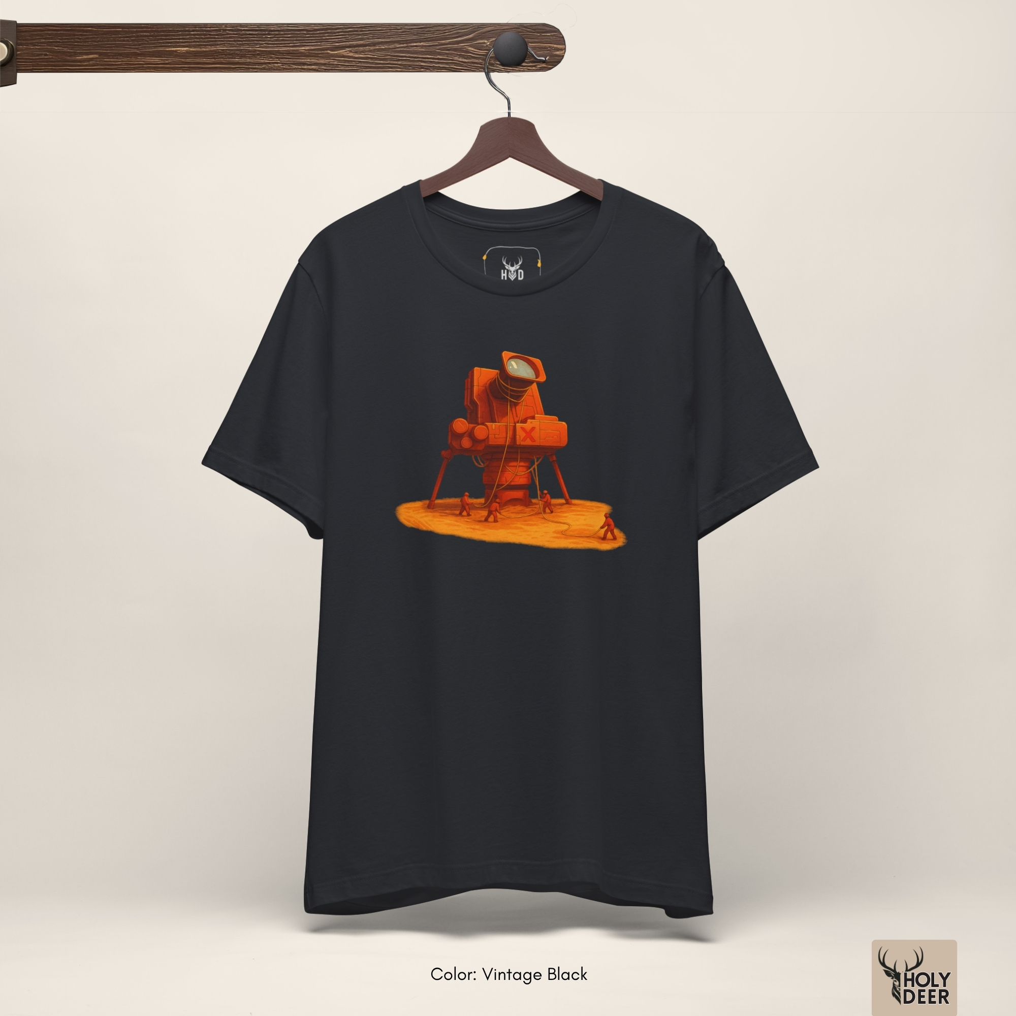 Angled perspective of the premium screen-printed Surreal Camera Art, detailing the thick paint feel of the tripod modül legs layout and textured orange sand soil lines, center layout placement, and the signature holydeer tee high-contrast design.