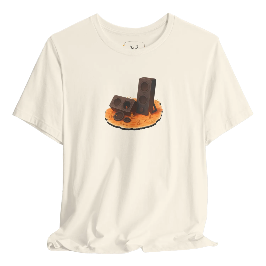 Cream t shirt featuring surreal studio monitor speakers emerging from textured ground, designed for music producers, audio engineers, DJs, and electronic music fans who appreciate studio gear, music production culture, and creative audio-themed graphic apparel.