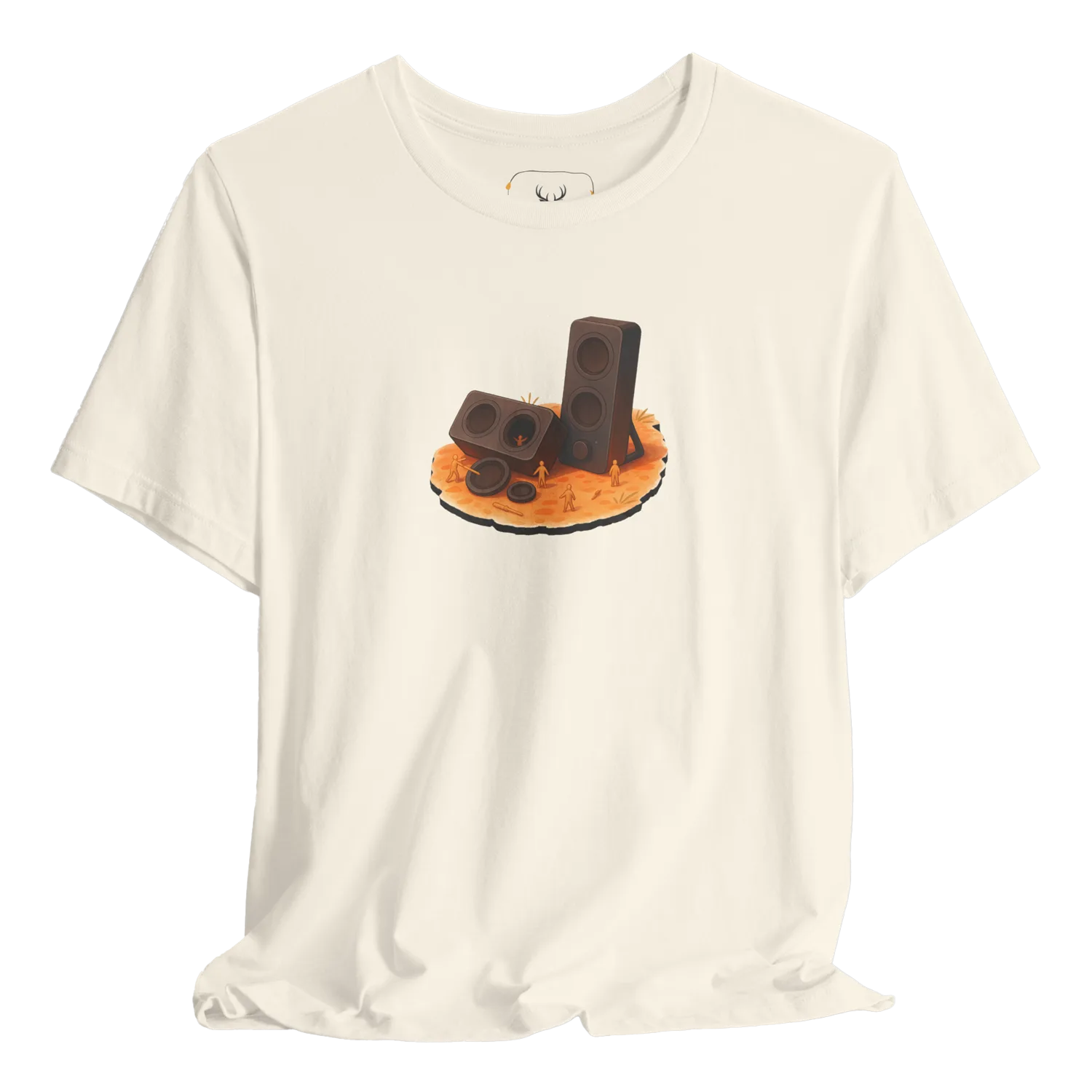 Cream t shirt featuring surreal studio monitor speakers emerging from textured ground, designed for music producers, audio engineers, DJs, and electronic music fans who appreciate studio gear, music production culture, and creative audio-themed graphic apparel.