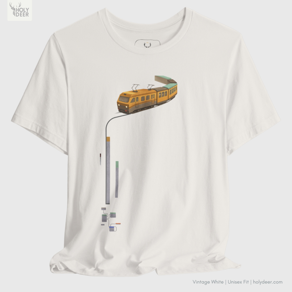 Angled perspective of the premium screen-printed Subway Tee, detailing the thick paint feel of the vertical infographic color blocks and technical rail line routes, chest layout placement, and the signature holydeer tee high-contrast design.