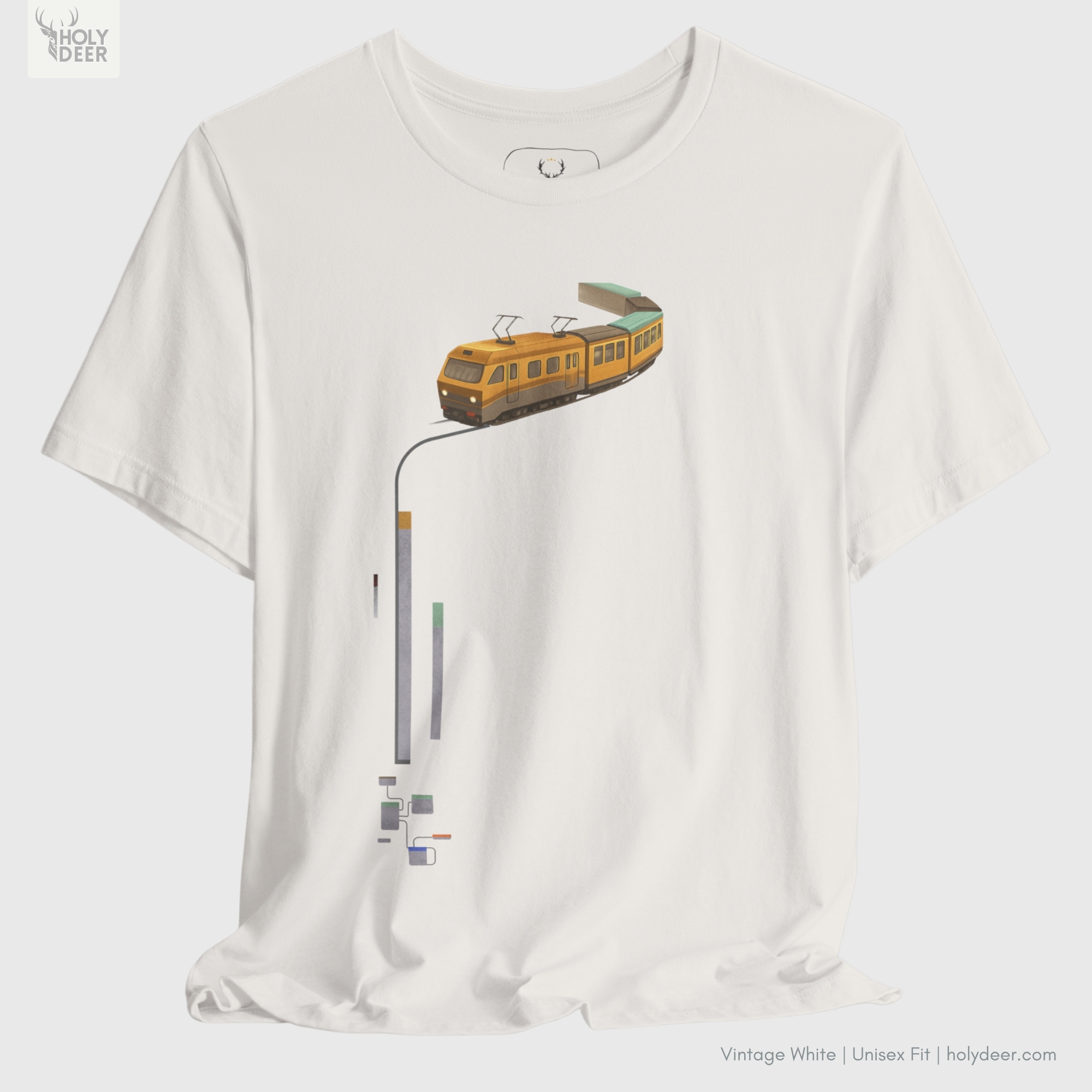 Angled perspective of the premium screen-printed Subway Tee, detailing the thick paint feel of the vertical infographic color blocks and technical rail line routes, chest layout placement, and the signature holydeer tee high-contrast design.