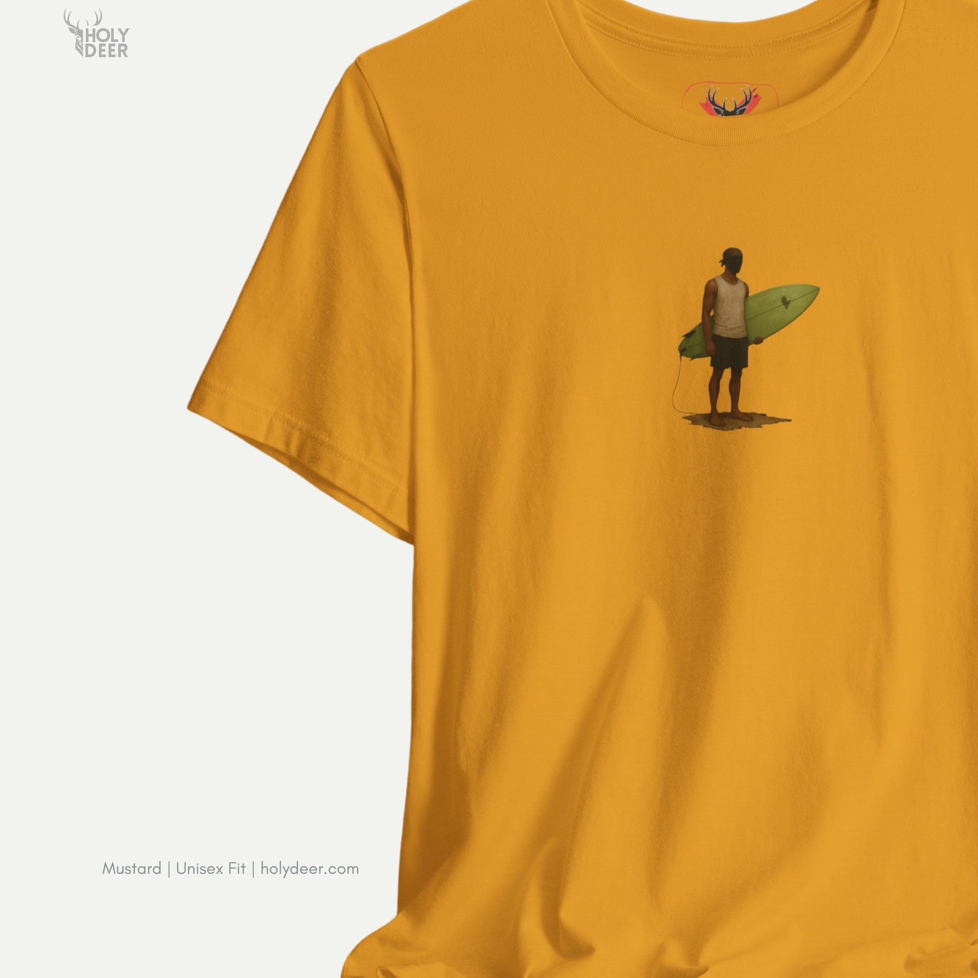 Minimalist cream backdrop focusing heavily on the standalone frame of the Retro Surfer Shirt by Holydeer, proving it acts as a unique wearable art piece and an essential surfboard graphic collectible.