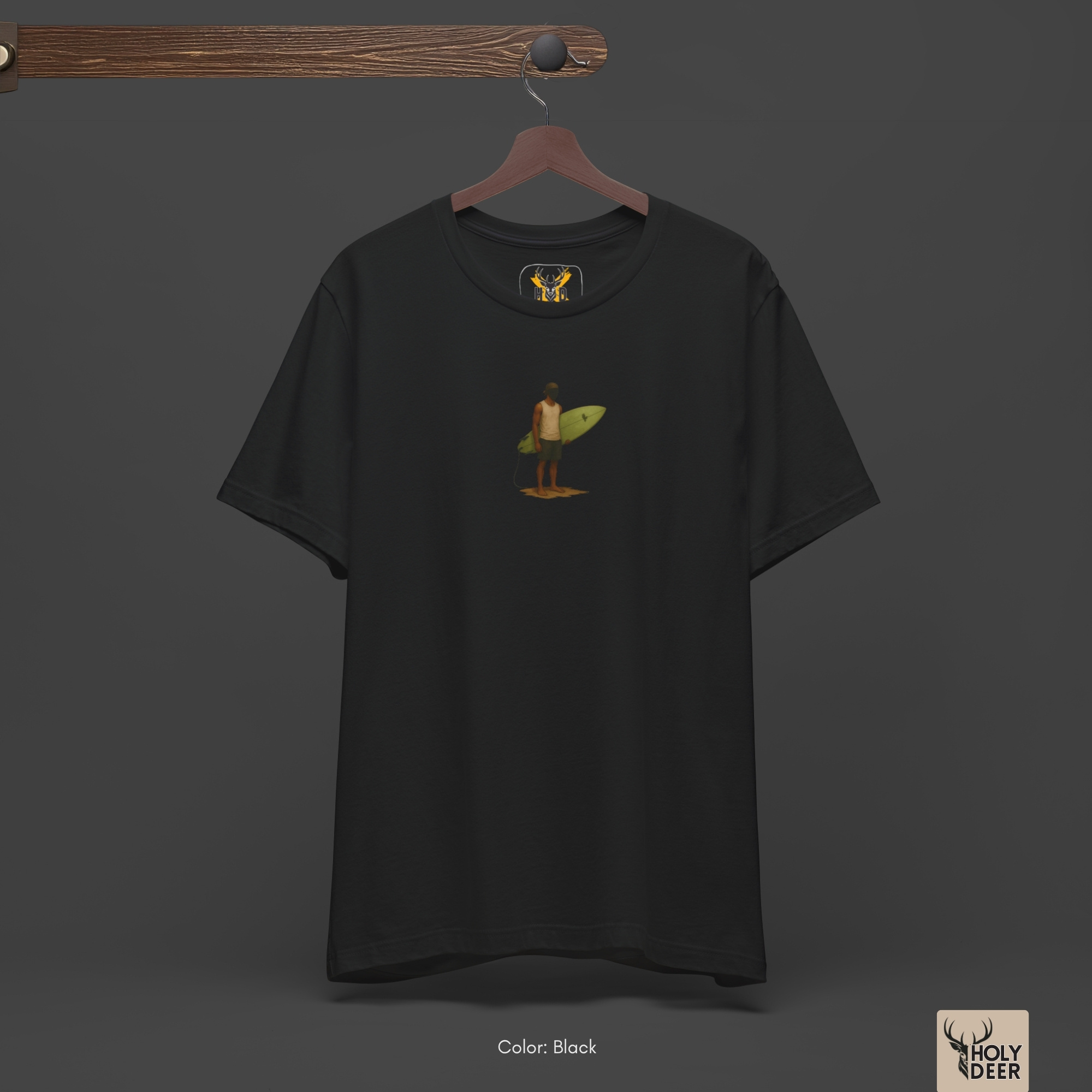 The iconic Retro Surfer Shirt hanging cleanly on a luxury wood hanger, highlighting the robust neckline structure, crisp asymmetric miniature sörfçü flow, and the official holydeer.com retail tags.
