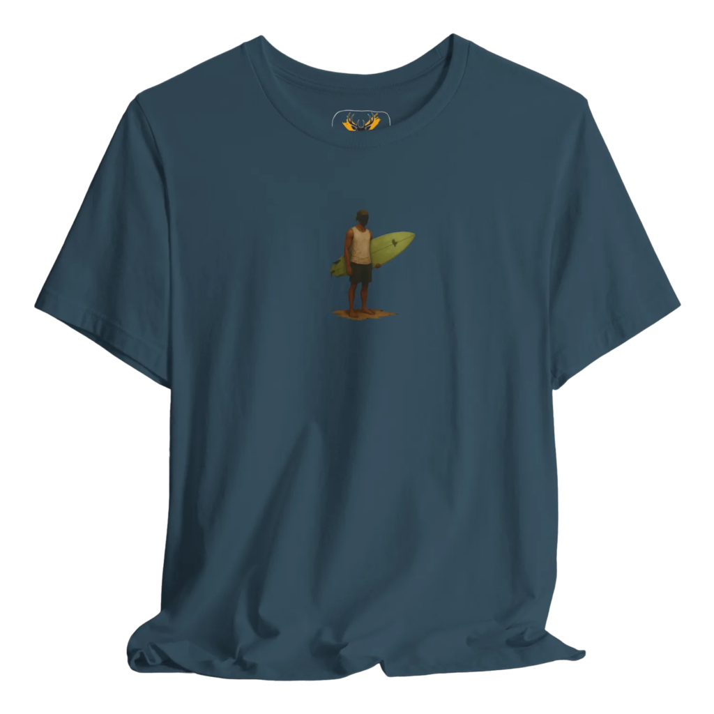 Stylish surfing graphic t-shirt designed for beach lovers. This vibrant ocean-themed shirt captures the essence of summer and beach lifestyle, making it perfect for outdoor adventures and fun beach outfits.