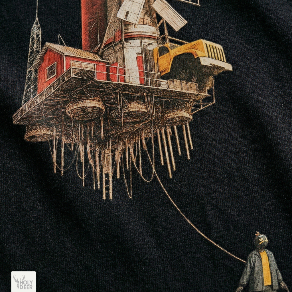 Angled perspective of the premium screen-printed Surreal Art Tshirt, detailing the thick ink feel of the tethered rope and solitary figure element, centered placement, and the signature holydeer tee layout.
