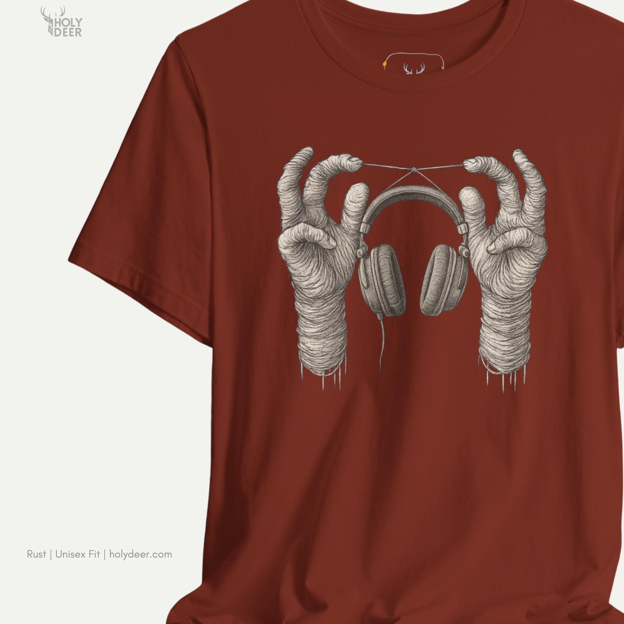 Minimalist dark backdrop focusing heavily on the standalone frame of the Surreal Music Tee by Holydeer, proving it acts as a unique wearable art piece and an essential skeletal hand art collectible.