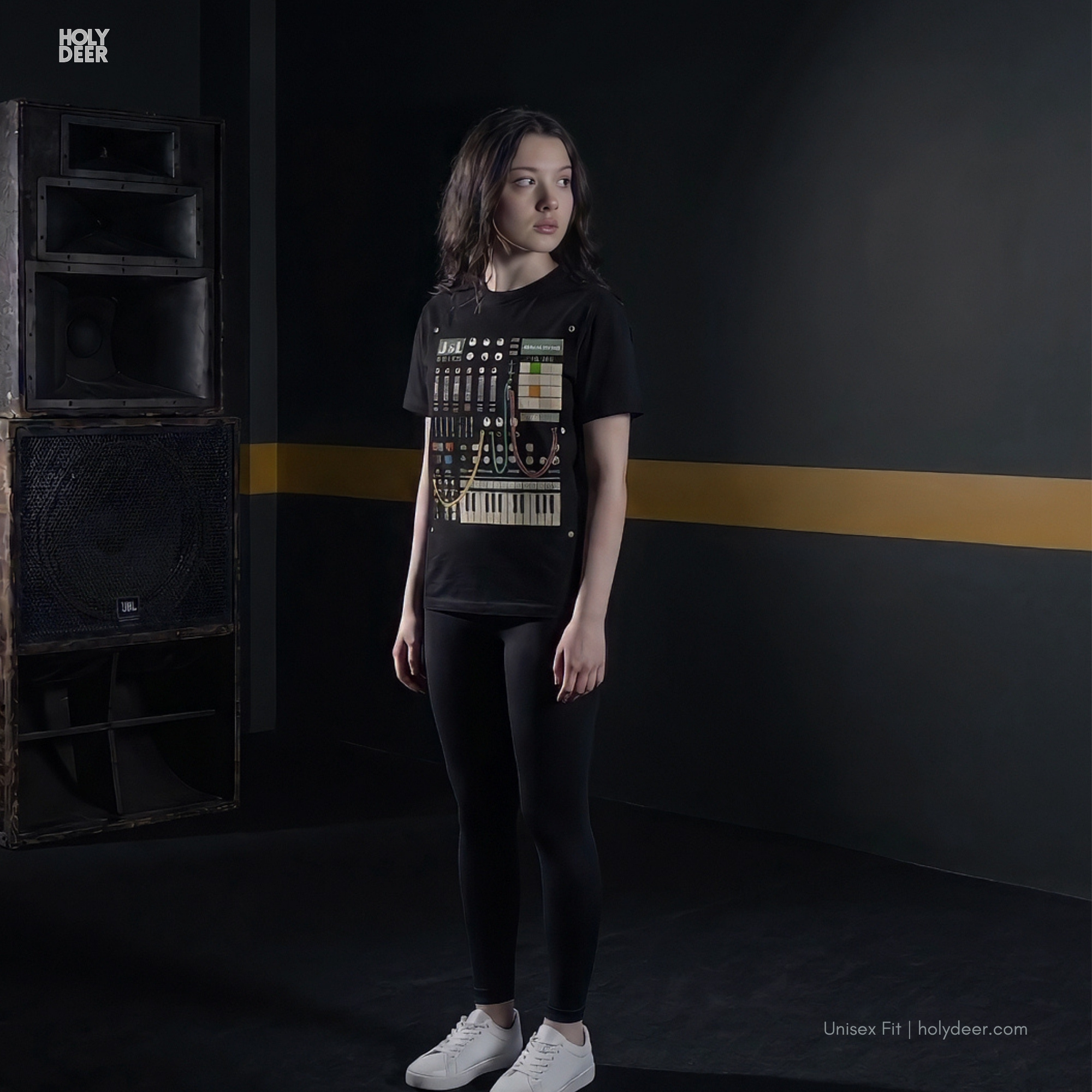 Macro view of the fine line-art details and clean contrast shading on the analog keyboard keys and bottom panel frame embedded in the Modular Synth Tee artwork, showing the print depth that separates this holydeer tee from generic garments.