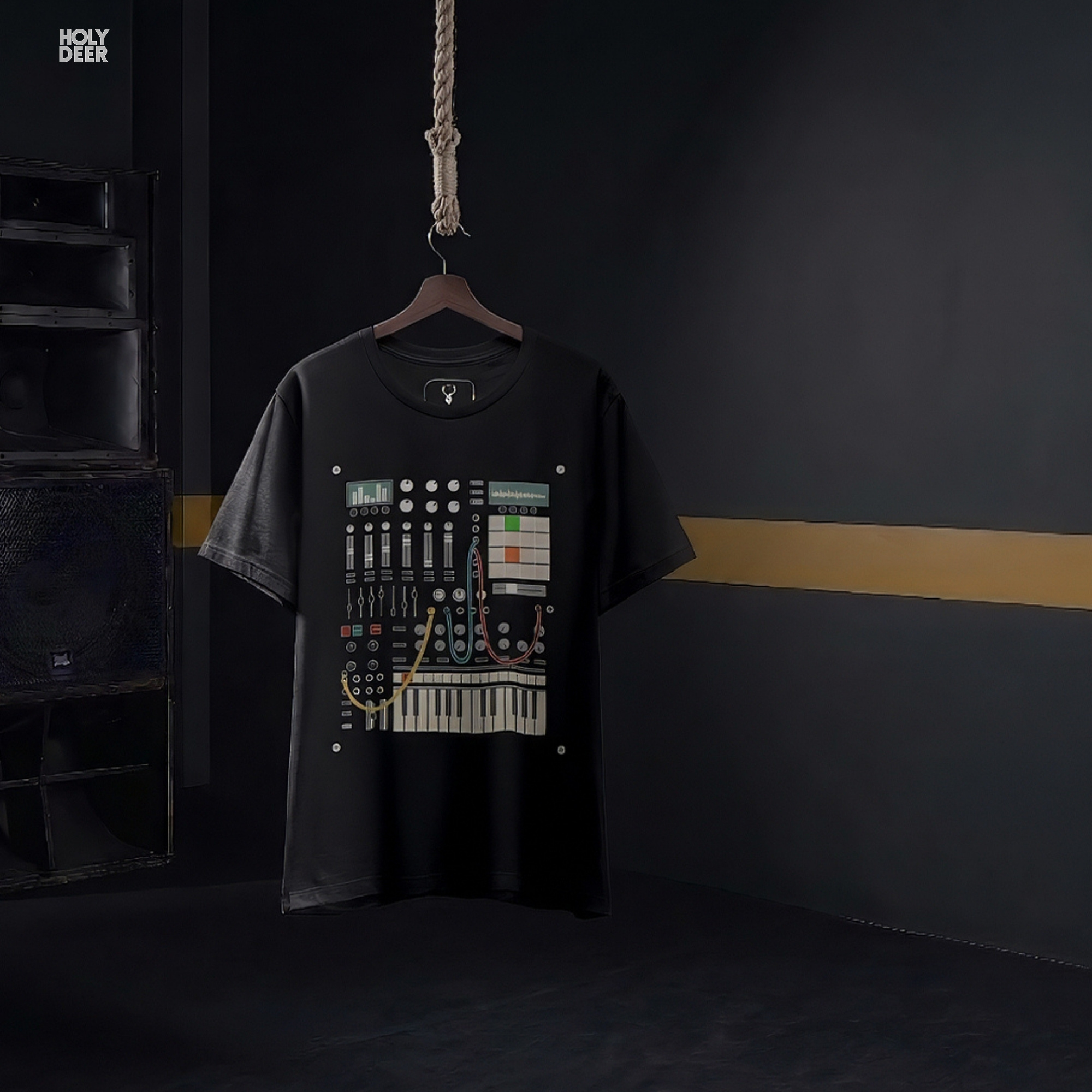 Moody high-contrast product edit of the Modular Synth Tee, maximizing the rich black canvas shadows and cementing Holydeer Clothing as the supreme design authority.