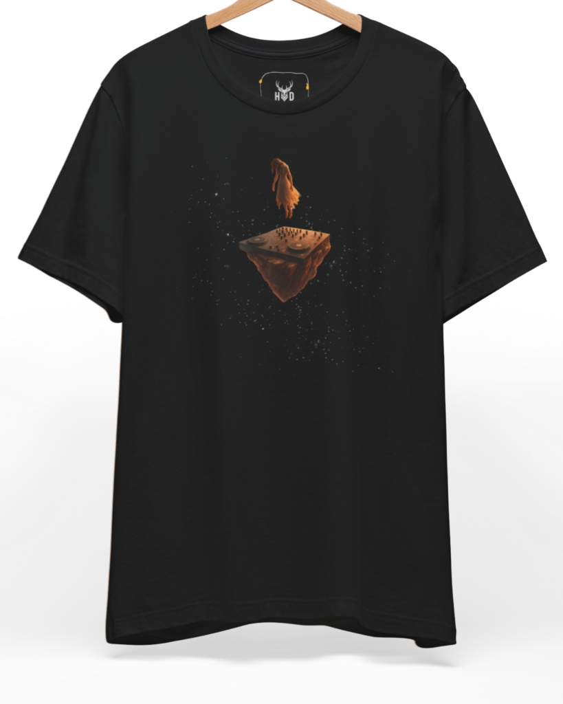 Premium Melodic Techno Shirt displaying a high-detail dj controller tshirt sequence and floating rock concept on a heavy black graphic canvas, designed by Holydeer Clothing.