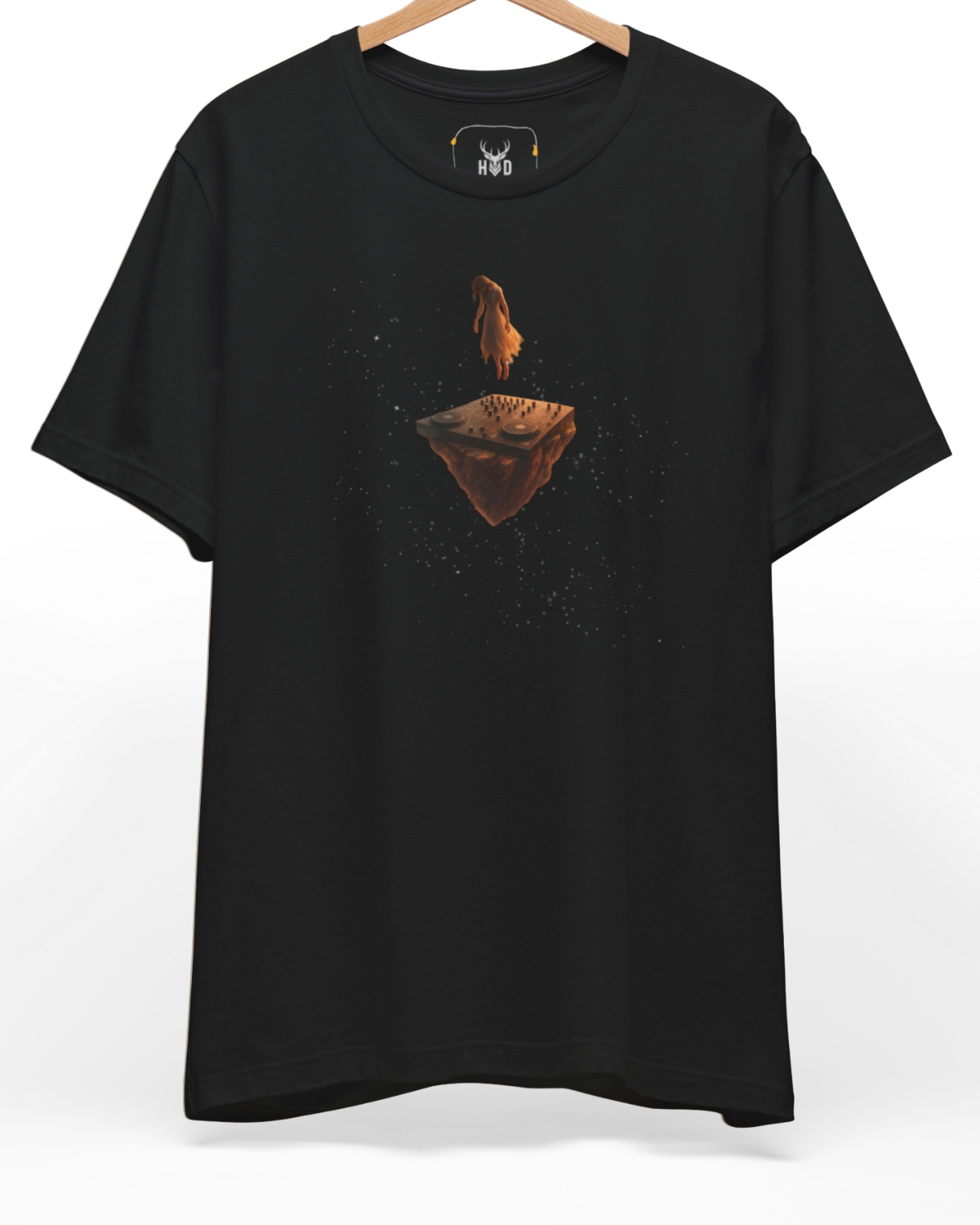 Premium Melodic Techno Shirt displaying a high-detail dj controller tshirt sequence and floating rock concept on a heavy black graphic canvas, designed by Holydeer Clothing.