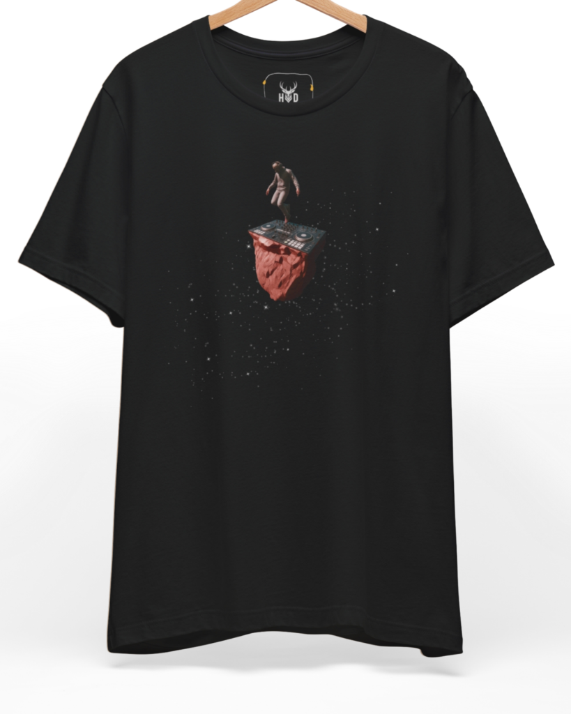Premium Techno Rave Tshirt displaying a high-detail floating dj controller space design and cosmic dj performance concept on a black graphic shirt layout, designed by Holydeer Clothing.