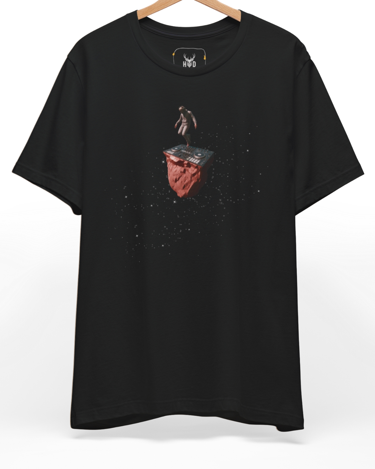 Premium Techno Rave Tshirt displaying a high-detail floating dj controller space design and cosmic dj performance concept on a black graphic shirt layout, designed by Holydeer Clothing.
