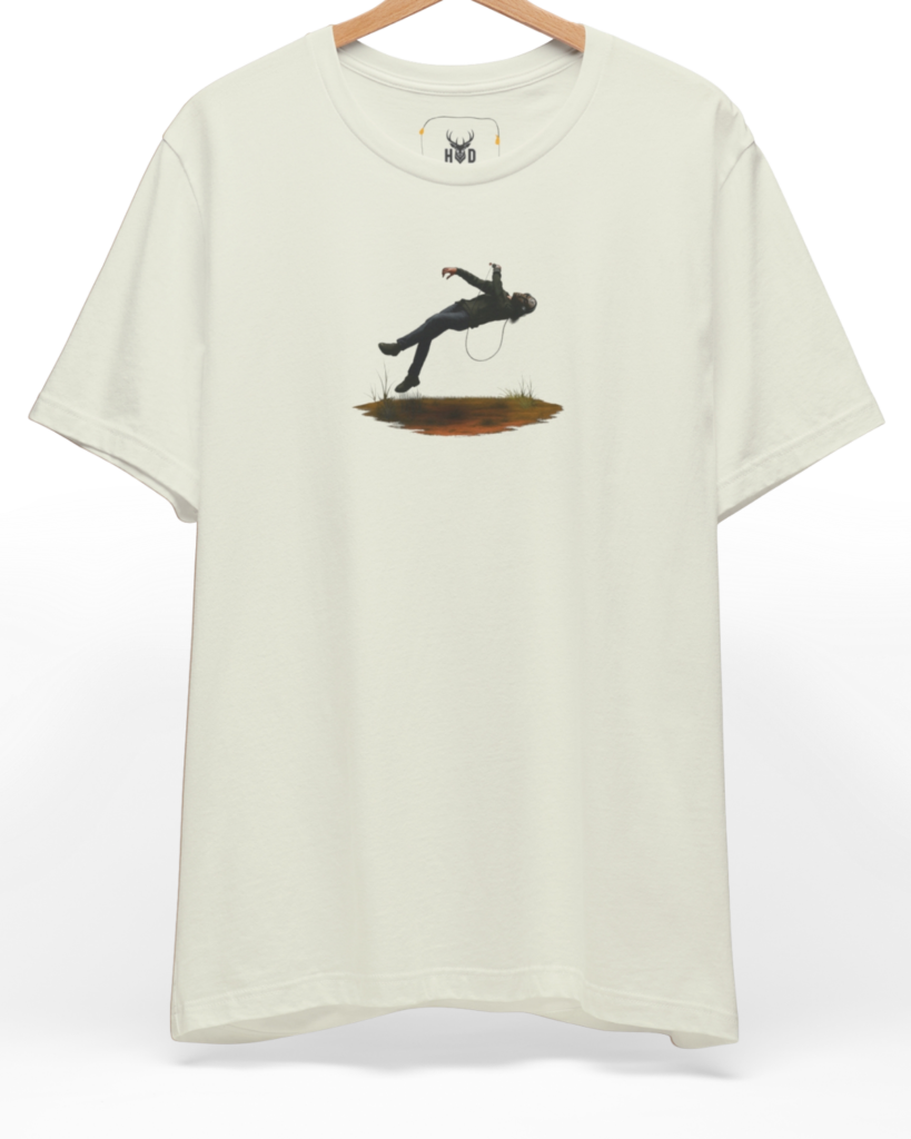 Premium Techno Graphic Tee displaying a high-detail floating dj illustration tee and levitating clubbing tshirt concept on a petrol blue fabric layout, designed by Holydeer Clothing.
