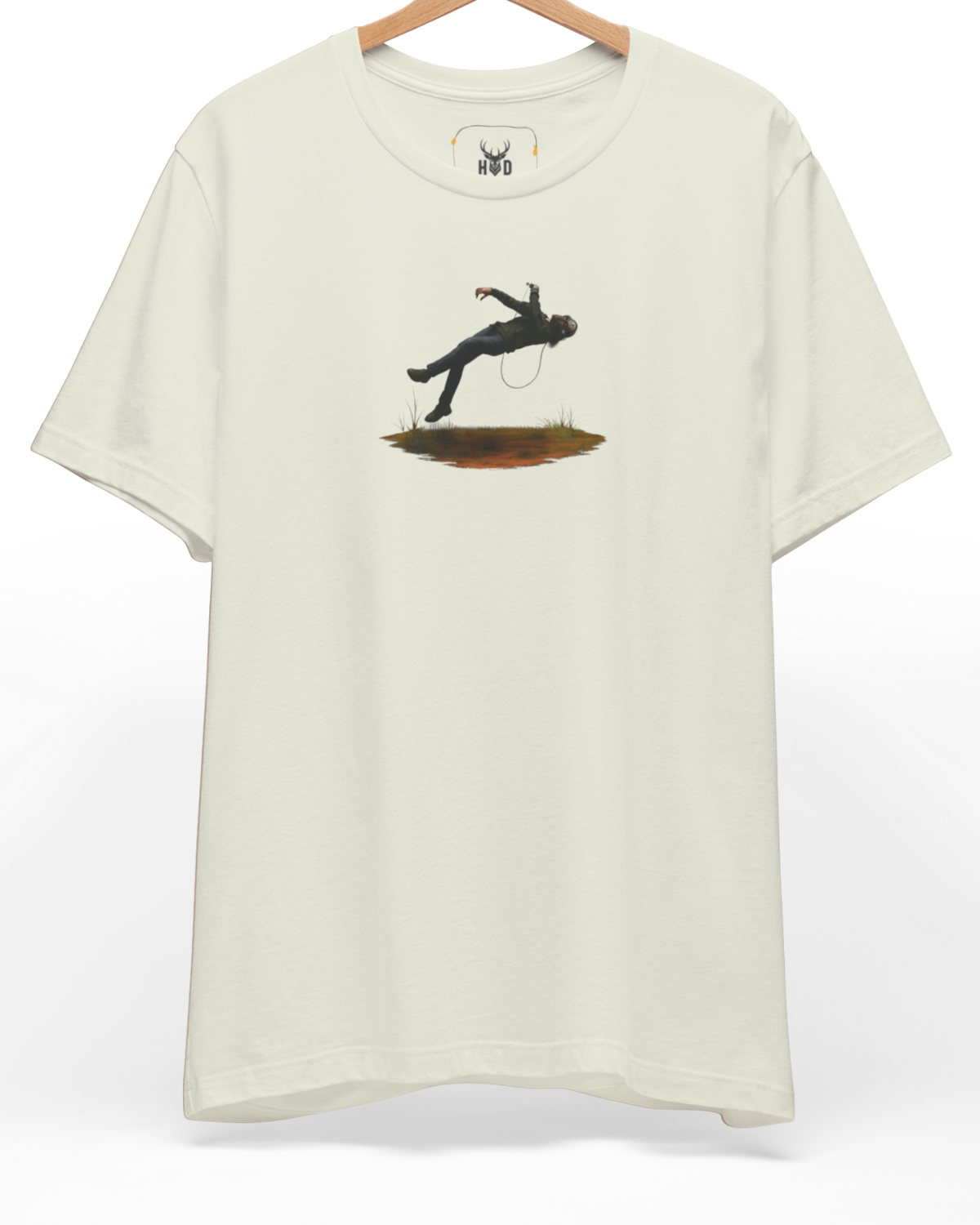 Premium Techno Graphic Tee displaying a high-detail floating dj illustration tee and levitating clubbing tshirt concept on a petrol blue fabric layout, designed by Holydeer Clothing.
