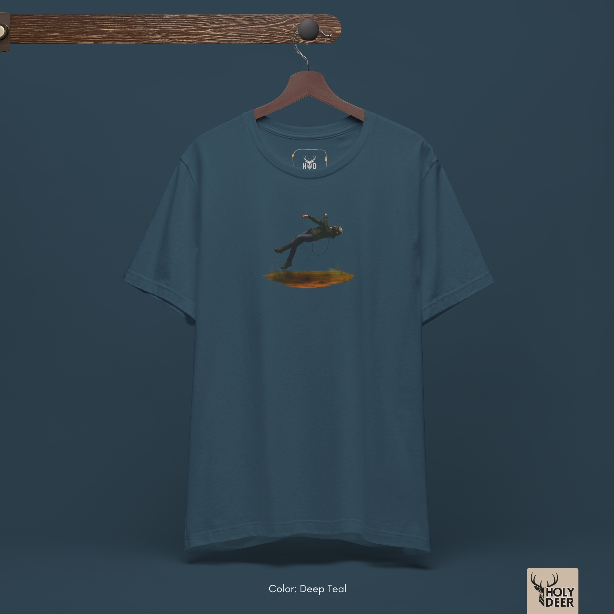 Professional flat lay photography of the Techno Graphic Tee by Holydeer Apparel, arranged elegantly next to matte black vinyl records and high-end underground music synthesis blueprints.
