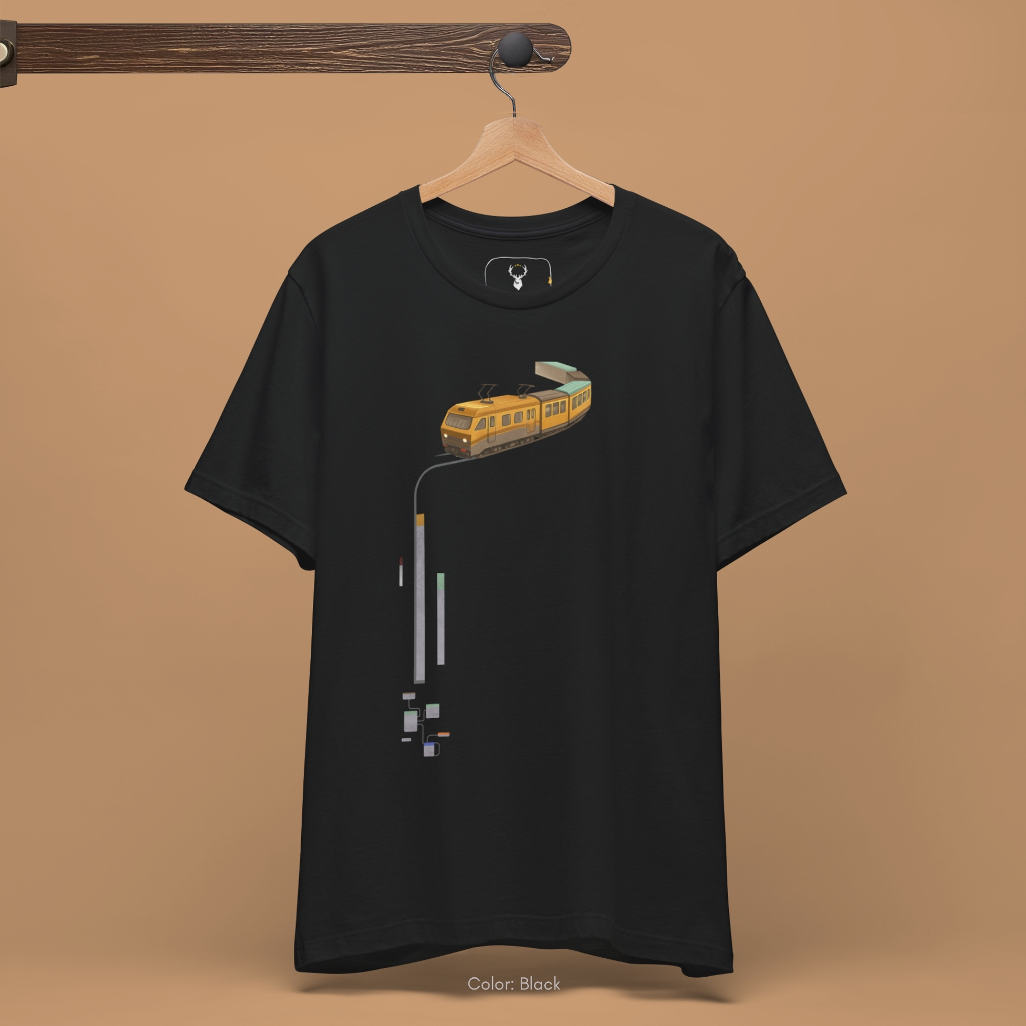 Minimalist dark backdrop focusing heavily on the standalone frame of the Subway Tee by Holydeer, proving it acts as a unique wearable art piece and an essential rail system tee collectible.