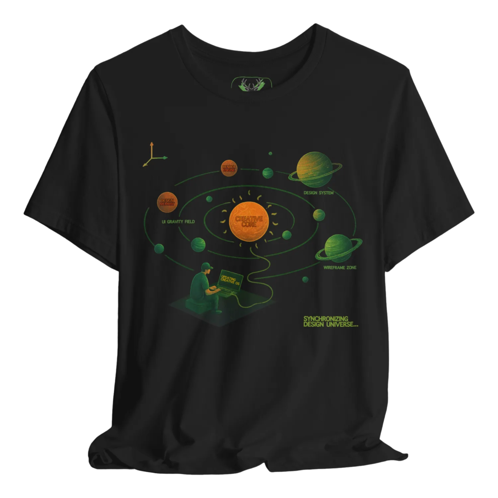 Black t shirt featuring a creative UI/UX designer orbit illustration with planets labeled “design system”, “wireframe zone”, and “creative core”, showing a designer working on a laptop. Perfect for UI designers, product designers, UX strategists, and digital creatives who enjoy tech office streetwear, design conference outfits, and modern graphic apparel inspired by the creative universe.
