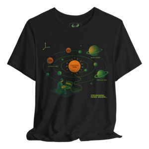 Black t shirt featuring a creative UI/UX designer orbit illustration with planets labeled “design system”, “wireframe zone”, and “creative core”, showing a designer working on a laptop. Perfect for UI designers, product designers, UX strategists, and digital creatives who enjoy tech office streetwear, design conference outfits, and modern graphic apparel inspired by the creative universe.