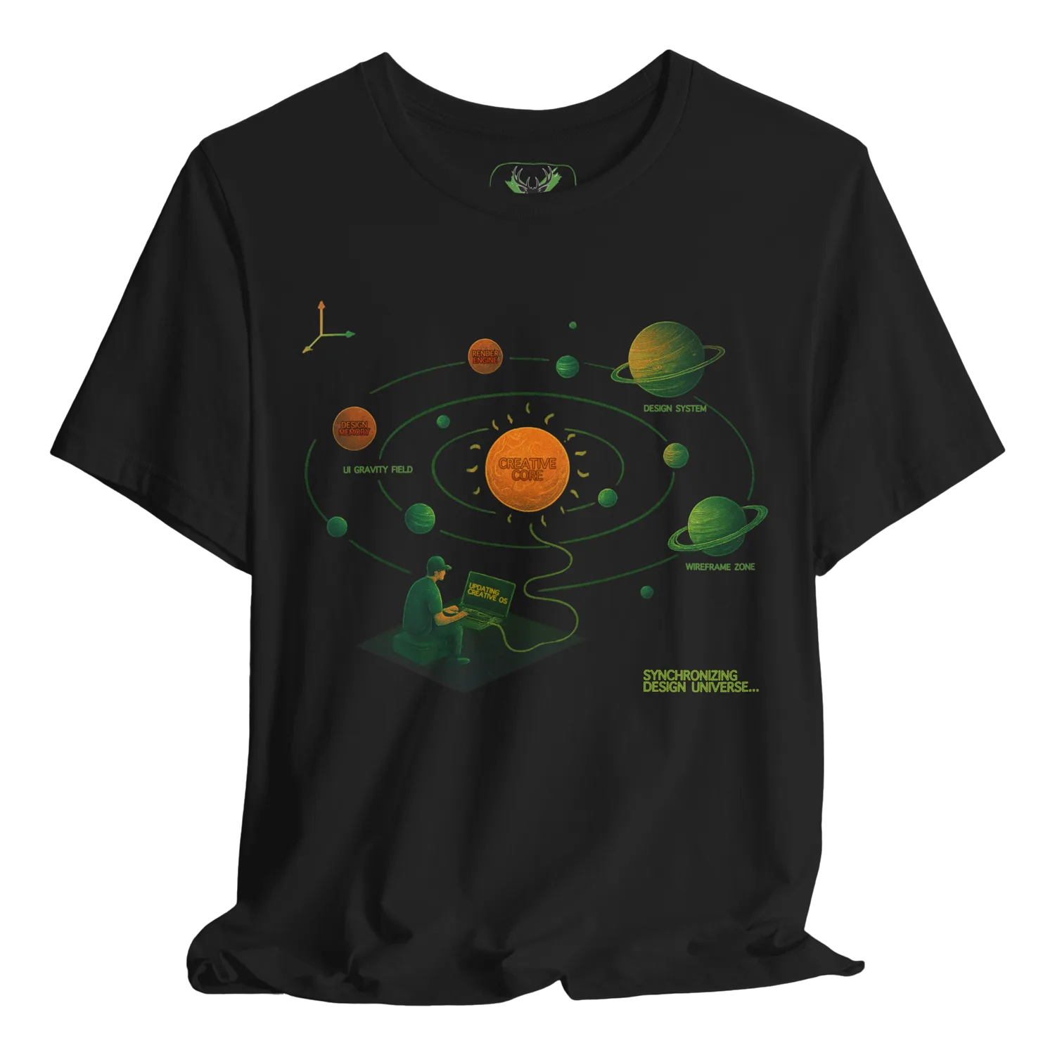 Black t shirt featuring a creative UI/UX designer orbit illustration with planets labeled “design system”, “wireframe zone”, and “creative core”, showing a designer working on a laptop. Perfect for UI designers, product designers, UX strategists, and digital creatives who enjoy tech office streetwear, design conference outfits, and modern graphic apparel inspired by the creative universe.