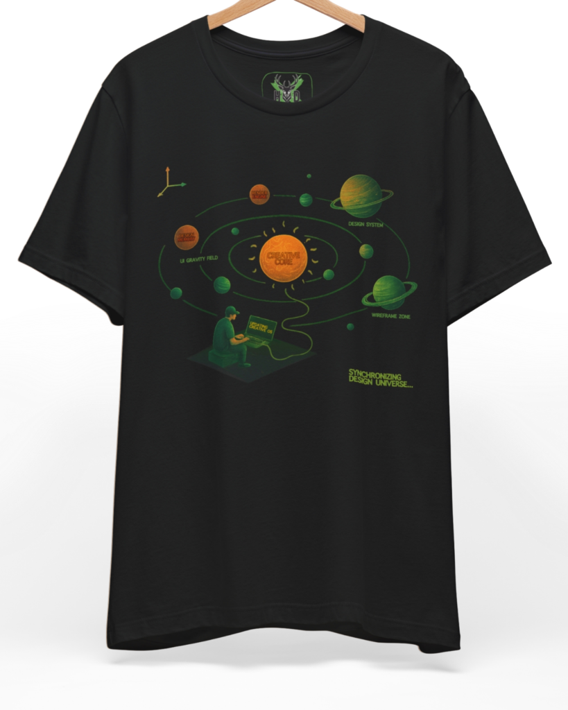 Premium UI UX Tshirt displaying a high-detail creative system universe and product design tee concept on a heavy black graphic canvas, designed by Holydeer Clothing.