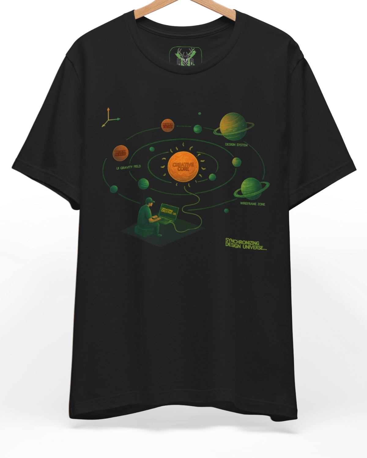 Premium UI UX Tshirt displaying a high-detail creative system universe and product design tee concept on a heavy black graphic canvas, designed by Holydeer Clothing.