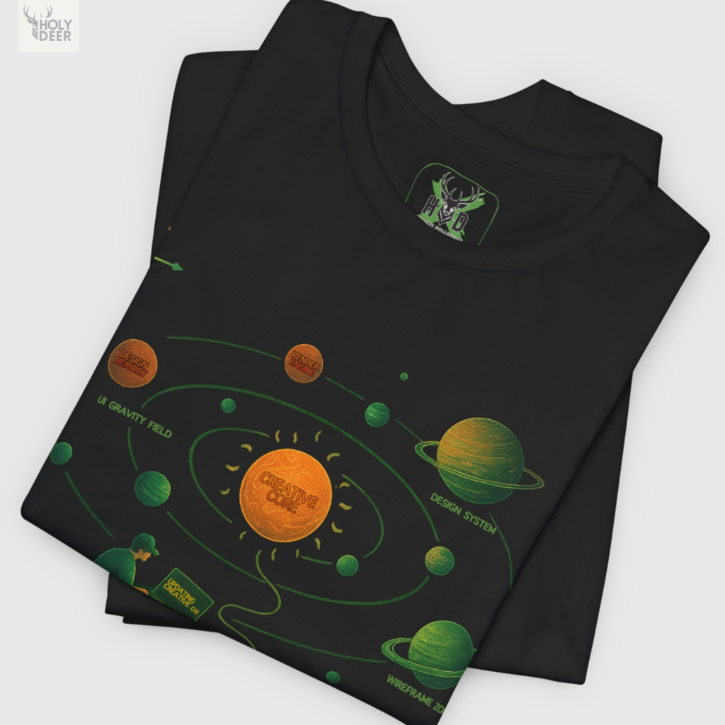Macro view of the UI UX Tshirt print showcasing intricate wireframe tee path curves, a glowing orange creative core matrix, and fine minimal design tee points crafted exclusively by Holydeer Streetwear.