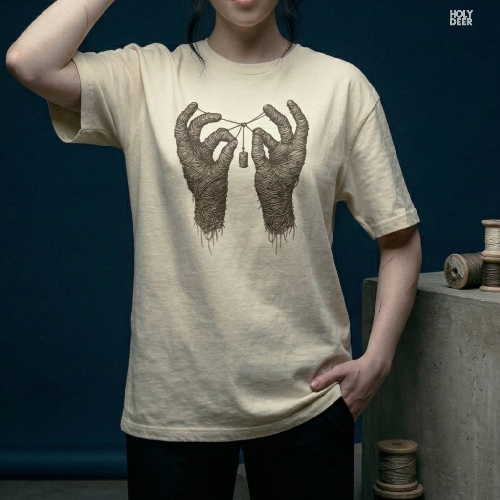 Modern brutalist concrete catacomb architecture outdoor lifestyle model wearing the centered Mummy Hands Shirt from Holydeer Clothing, standing as a high-end dark aesthetic gift statement matching elite gothic mummy wear trends.